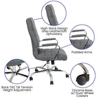 Flash Furniture Whitney High-Back Swivel LeatherSoft Desk Chair with Padded Seat and Armrests, Adjustable Height Padded Office Chair, Gray/Chrome