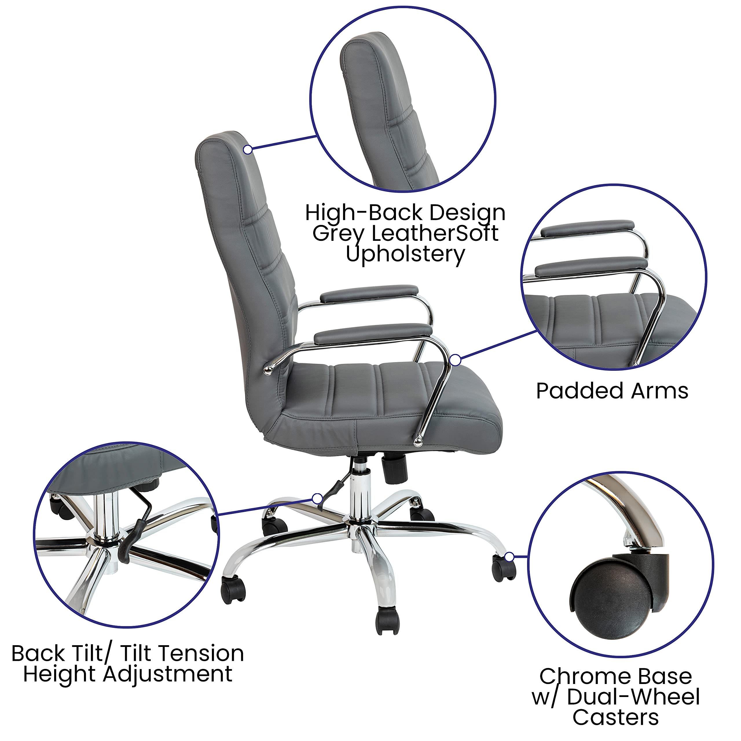 Flash Furniture Whitney High-Back Swivel LeatherSoft Desk Chair with Padded Seat and Armrests, Adjustable Height Padded Office Chair, Gray/Chrome