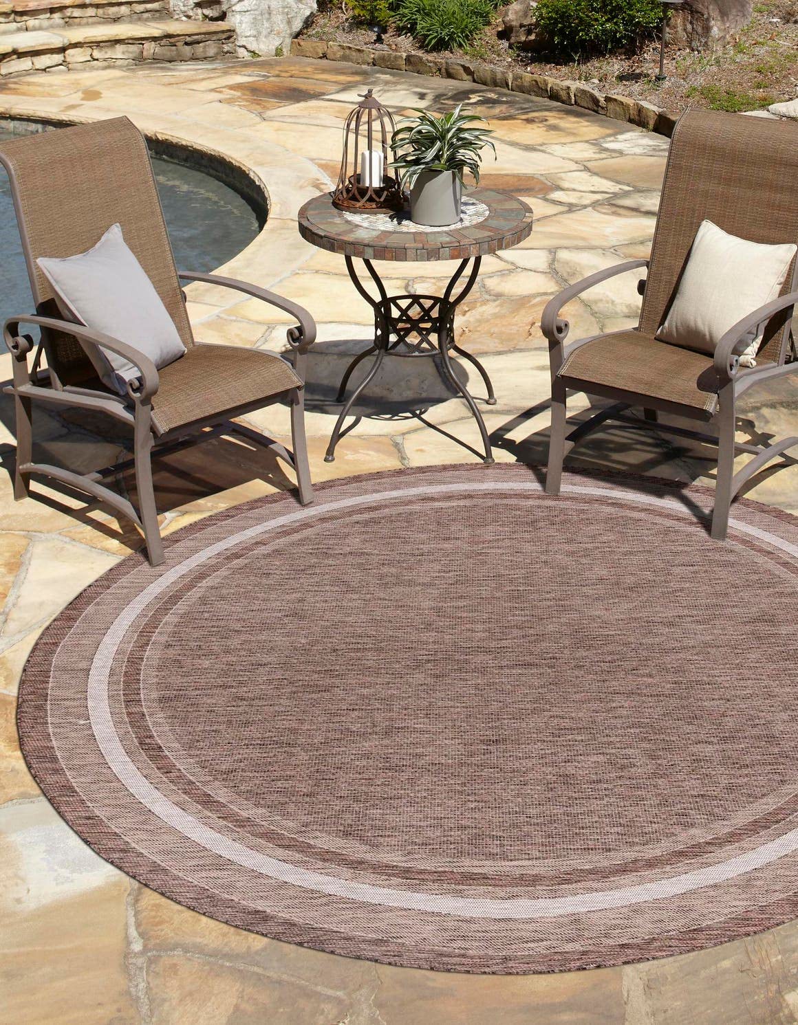 Unique Loom Outdoor Border Collection Area Rug - Soft Border (10 Round Brown/Ivory)