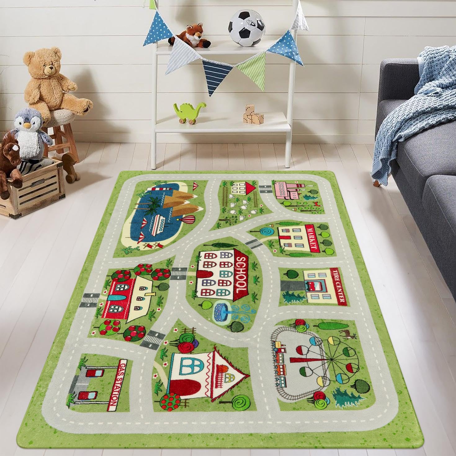 Livebox Green Kids Rug For Kids Room, 3'X5' Washable Road Rug For Playroom, Non-Slip Soft Toy Car Rug For Baby Nursery, Small Ci