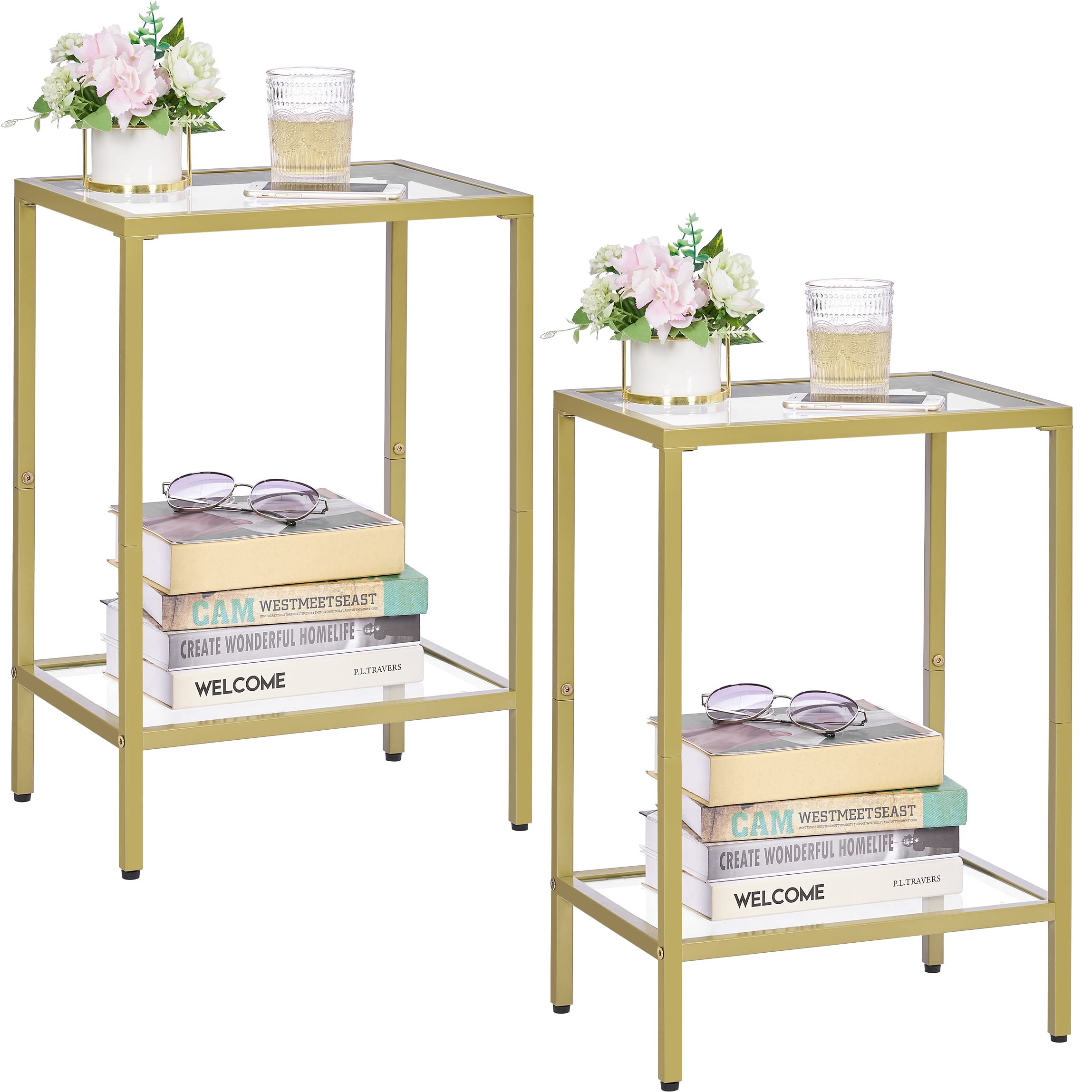 HOMSHO Side Tables Set of 2, End Tables with Tempered Glass, 2-Tier Nightstands with Storage Shelves, Coffee Table with Modern S