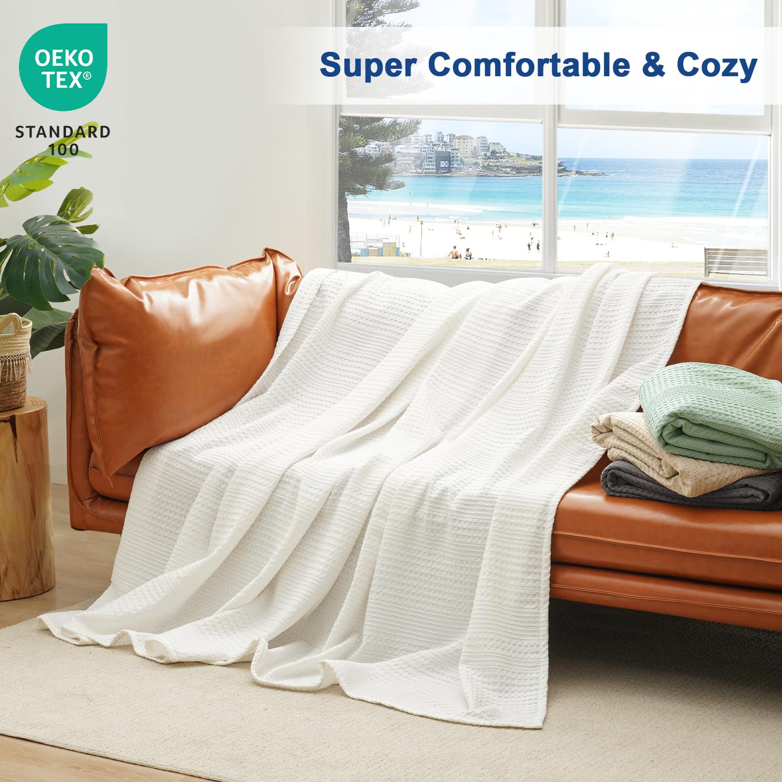 Phf Ultra Soft Waffle Weave Blanket King Size For Bed, Lightweight And Breathable Thin Blanket For Summer - 104''X 90'' Soft Wov