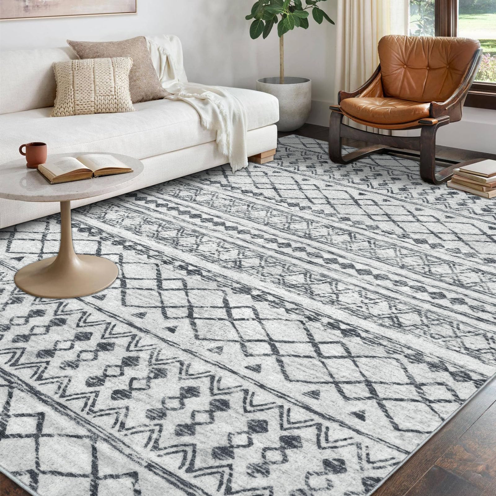 KUTA Washable Rug 9x12 Grey, Moroccan Boho Large Area Rug Non-Slip, Ultra Soft Geometric Tribal Traditional Farmhouse Carpet for