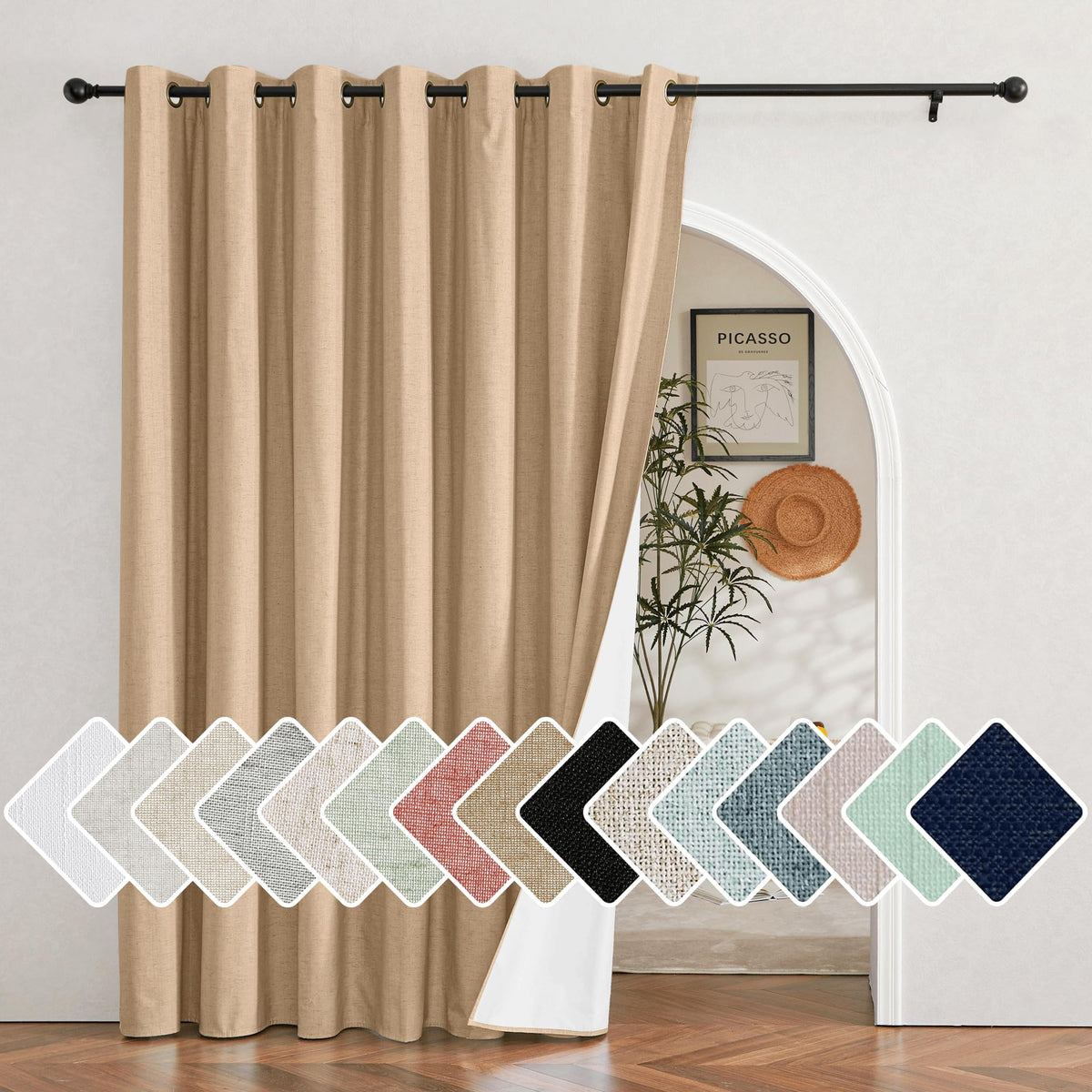 Nicetown Camel Extra Wide 100% Blackout Linen Curtain Panel, Energy Smart & Noise Blocking Out Blackout Thermal Insulated Drape