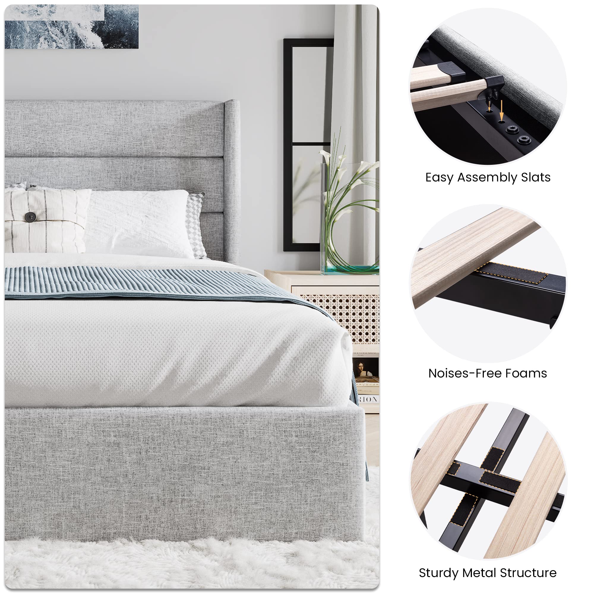 Sha Cerlin Queen Size Lift Up Storage Bed/Modern Wingback Headboard/Upholstered Platform Bed Frame/Hydraulic Storage/No Box Spring Needed/Wood Slats Support/Light Grey