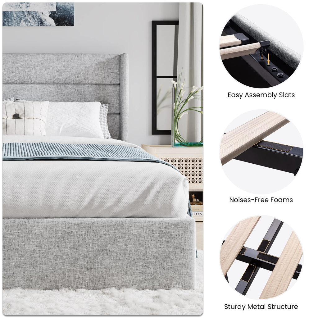 Sha Cerlin Queen Size Lift Up Storage Bed/Modern Wingback Headboard/Upholstered Platform Bed Frame/Hydraulic Storage/No Box Spring Needed/Wood Slats Support/Light Grey