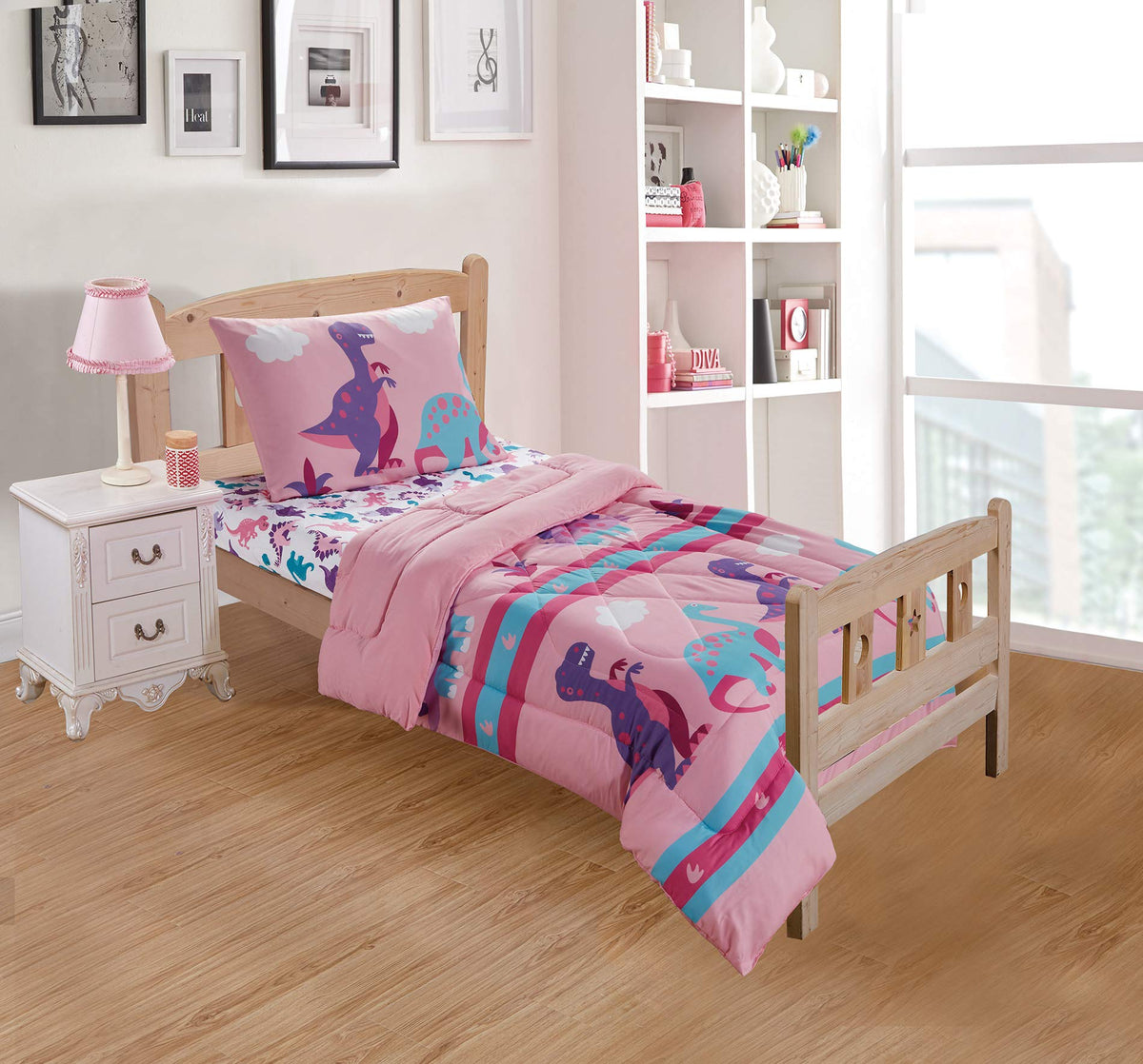 Luxury Home Collection Girls 3 Piece Toddler Bed Comforter Set Dinosaurs Pink Purple White Turquoise