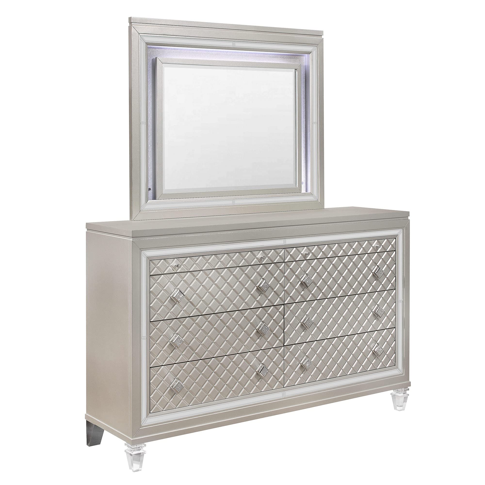 HomeRoots Wood Champagne Toned Dresser with Tapered Acrylic Legs and 2 Jewelry Drawers