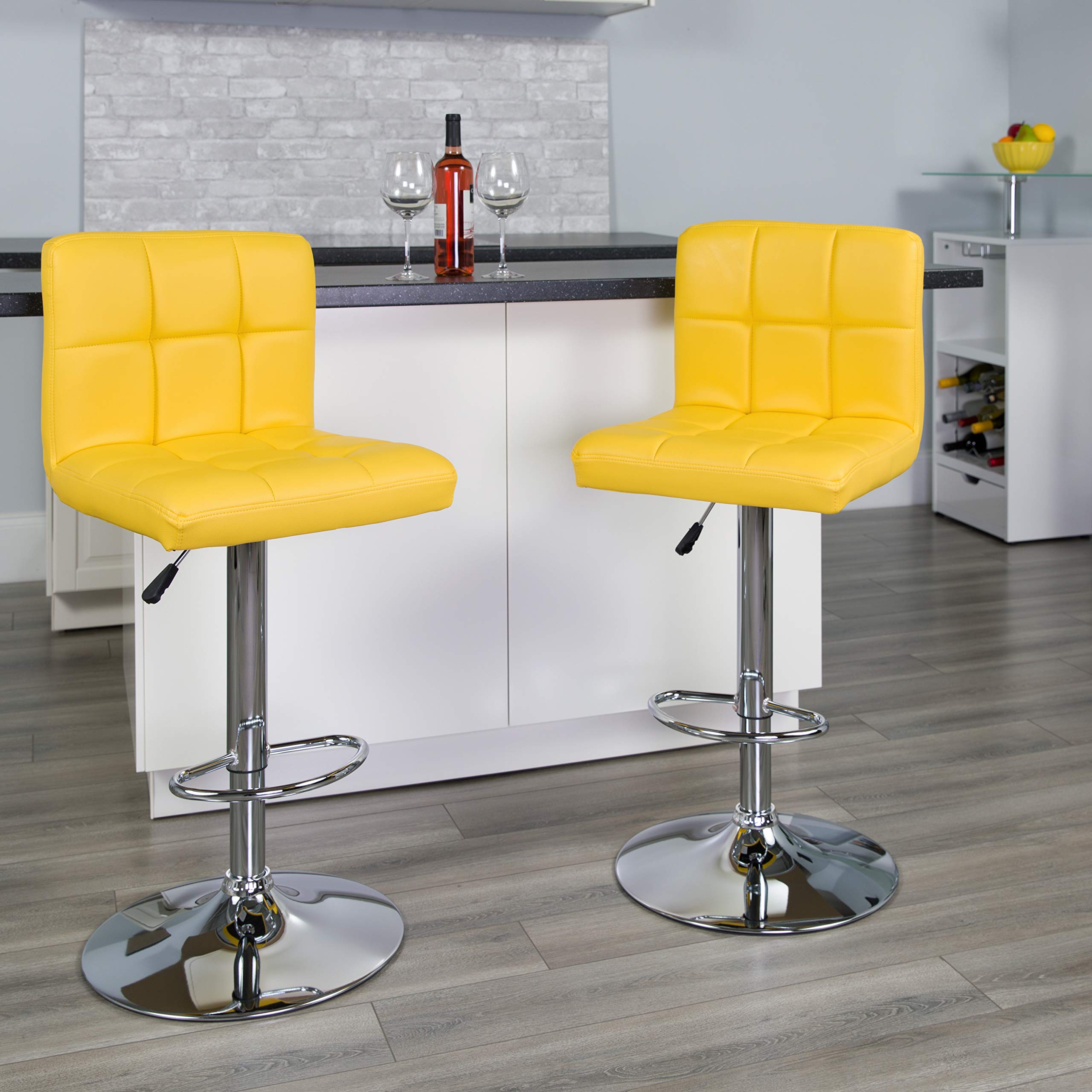 Flash Furniture Kathleen Contemporary Yellow Quilted Vinyl Adjustable Height Barstool with Chrome Base
