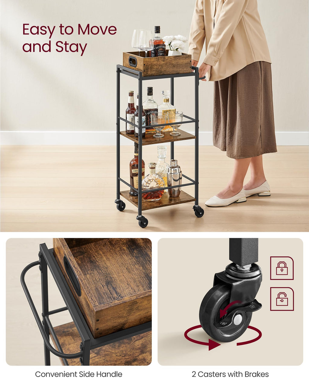 Vasagle Kitchen Serving Cart With Removable Tray, 3-Tier Kitchen Utility Cart On Wheels With Storage, With Brakes, Leveling Feet, 11.8 X 13.7 X 33.9 Inches, Rustic Brown And Black Ulrc062B01