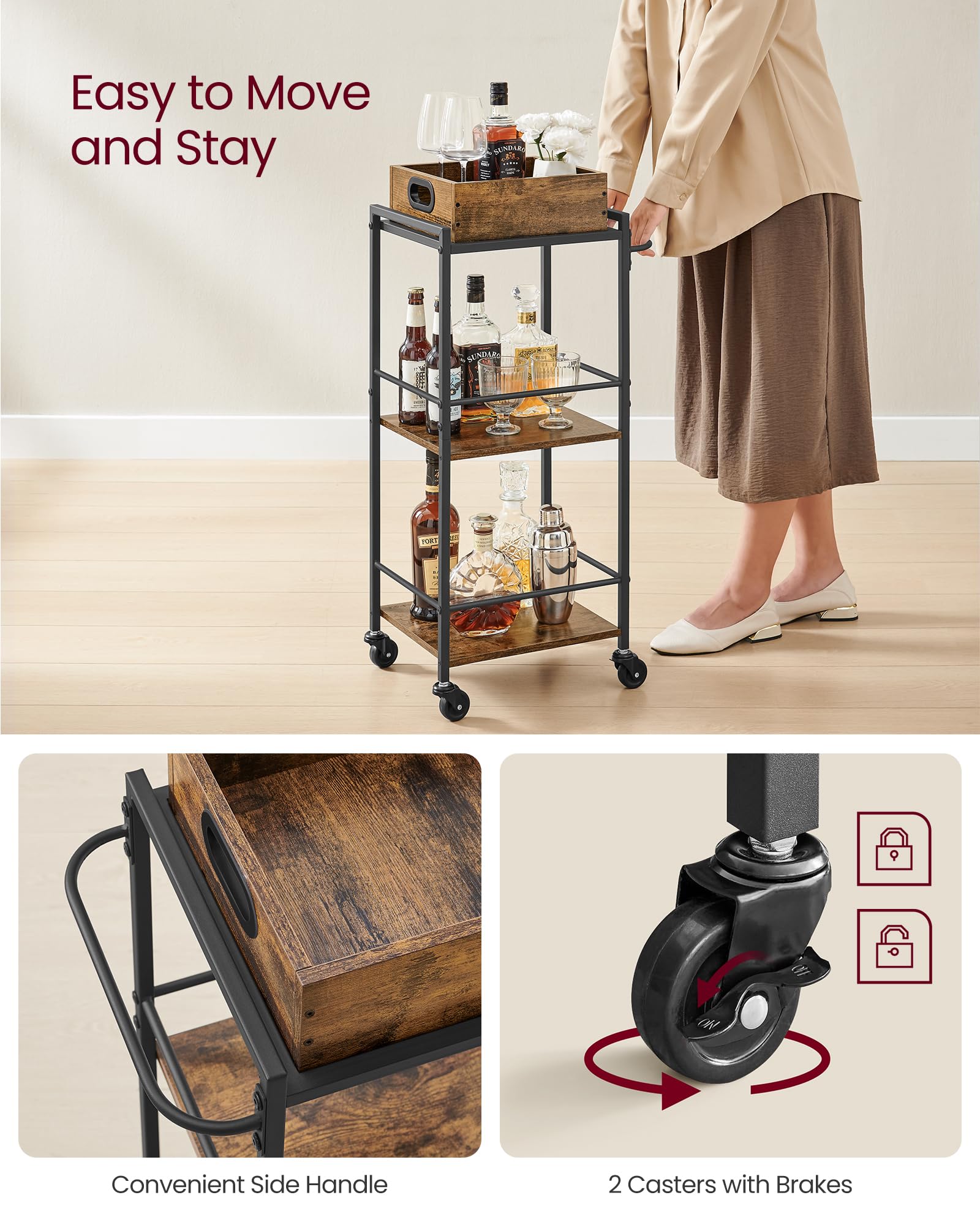 Vasagle Kitchen Serving Cart With Removable Tray, 3-Tier Kitchen Utility Cart On Wheels With Storage, With Brakes, Leveling Feet, 11.8 X 13.7 X 33.9 Inches, Rustic Brown And Black Ulrc062B01