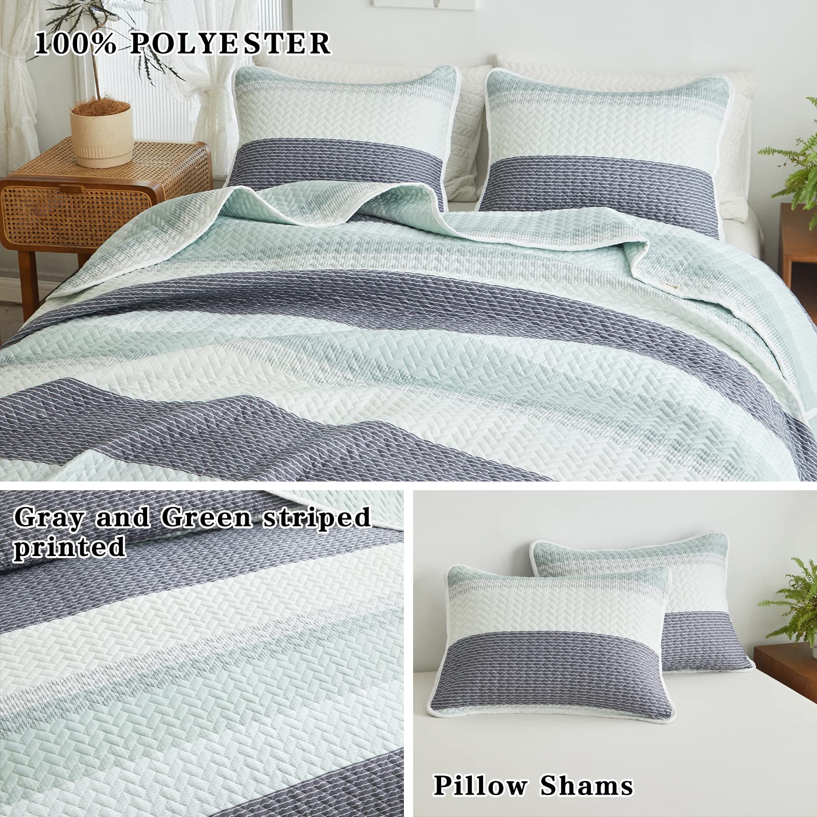 Flysheep Boho Striped Quilt Set Twin Size For Kids, 2 Pcs Green Grey And White Reversible Bedspread, Brushed Microfiber Coverlet