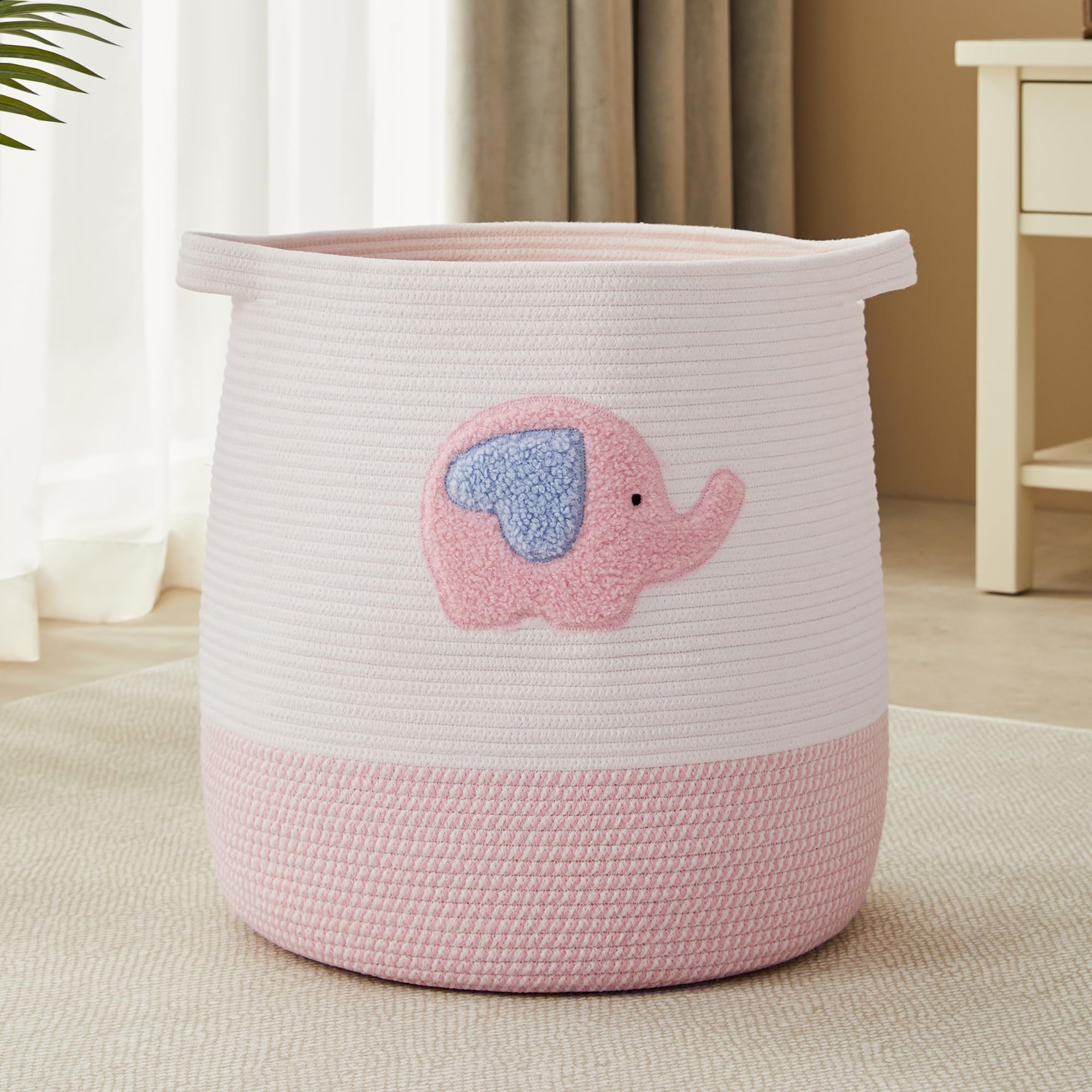 MOJOSCEND 65L Pink Elephant Laundry Basket Hamper for Kids Girls Blanket Basket Blush Pink Baby Nursery Hamper for Girls Room Be