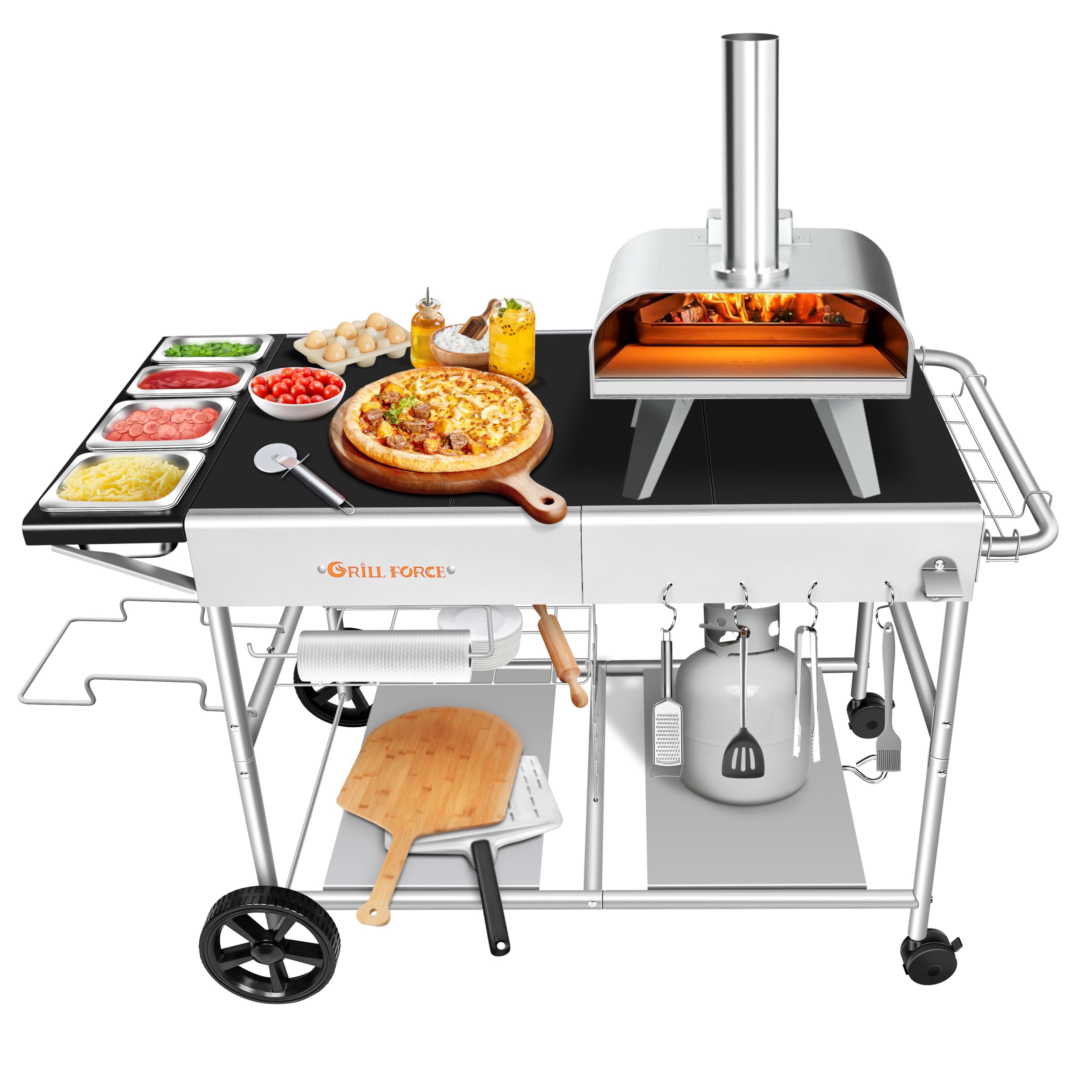 Grill Force Pizza Oven Table With Pizza Topping Station,Movable Pizza Oven Stand,Pizza Oven Cart,Outdoor Grill Table Cart,Food P