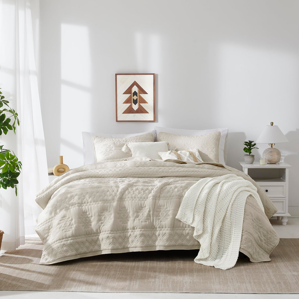 Wdcozy Beige Boho Twin Quit Size Bedding Set With 1 Pillow Sham, Farmhouse Lightweight Soft Bedspread Coverlet For All Season, 2