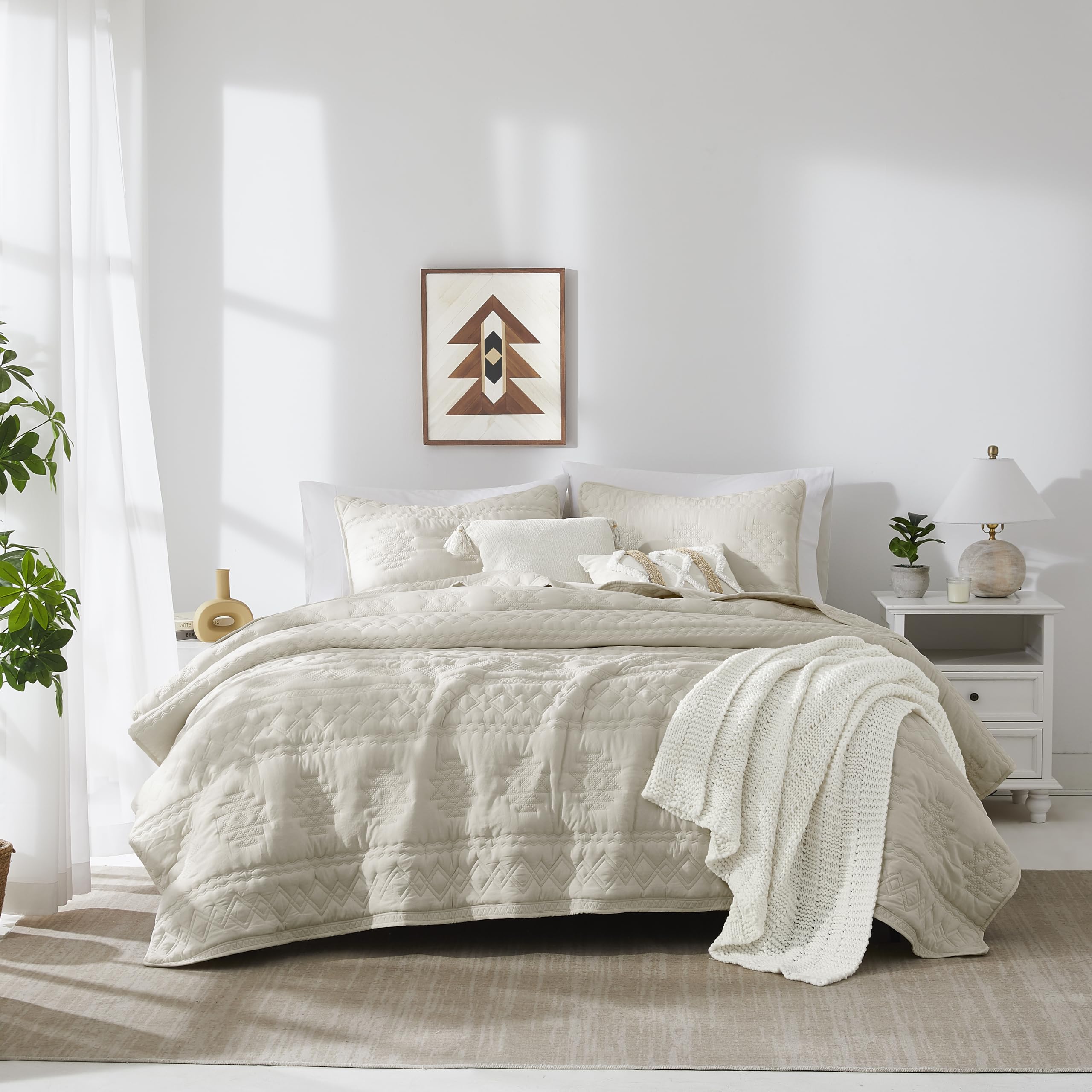 Wdcozy Beige Boho Queen Size Quilt Bedding Set With 2 Pillow Shams, Farmhouse Lightweight Soft Bedspread Coverlet For All Season