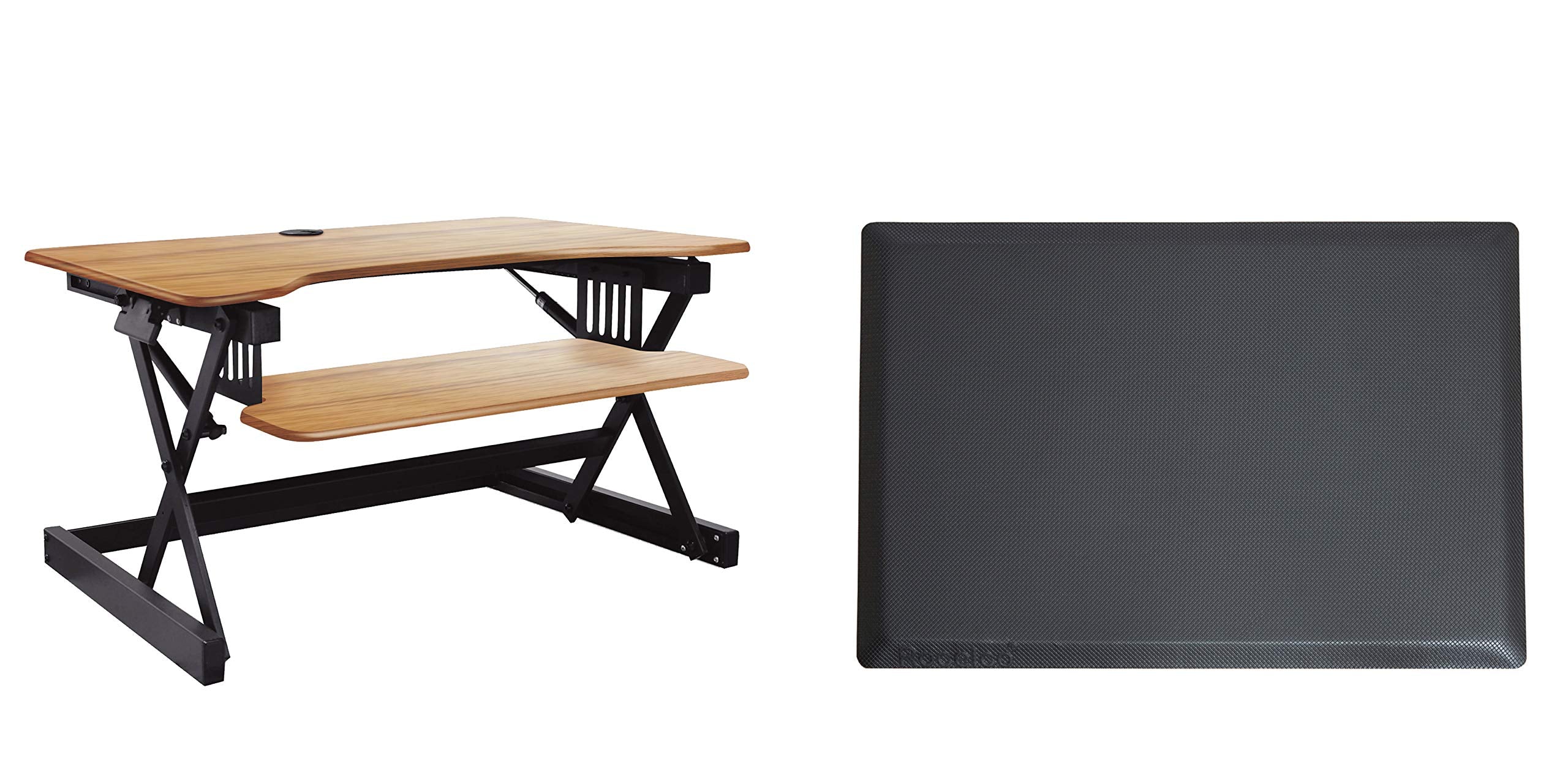 Rocelco 32" Height Adjustable Standing Desk Converter BUNDLE - Sit Stand Computer Workstation Riser with Anti Fatigue Mat - Dual Monitor Retractable Keyboard Tray - Teak Wood Grain (R EADRT-MAFM)