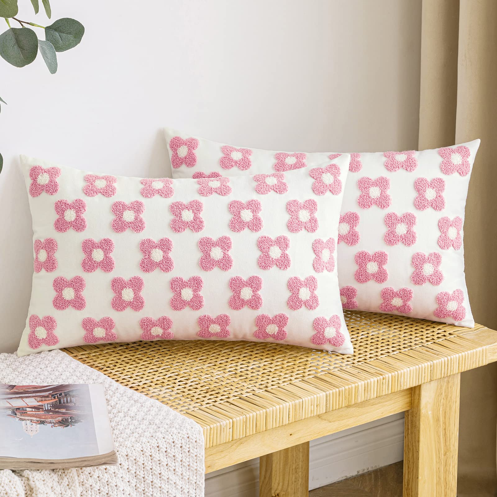 Emema Decorative Throw Pillow Covers Daisy Sun Flower Jacquard Pillowcase Cushion Case Rectangle For Couch Sofa Bed Living Room Bedroom Set Of 2, 12X20 Inch, Pink And White