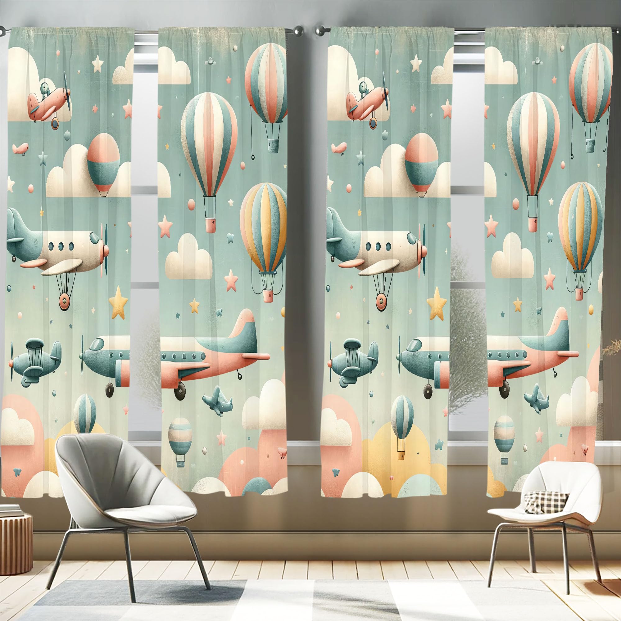 Ambesonne Planes Window Curtains Pack of 2, Cartoon Sky Scenario with Clouds Aircrafts Balloons Starry Atmosphere, Lightweight S