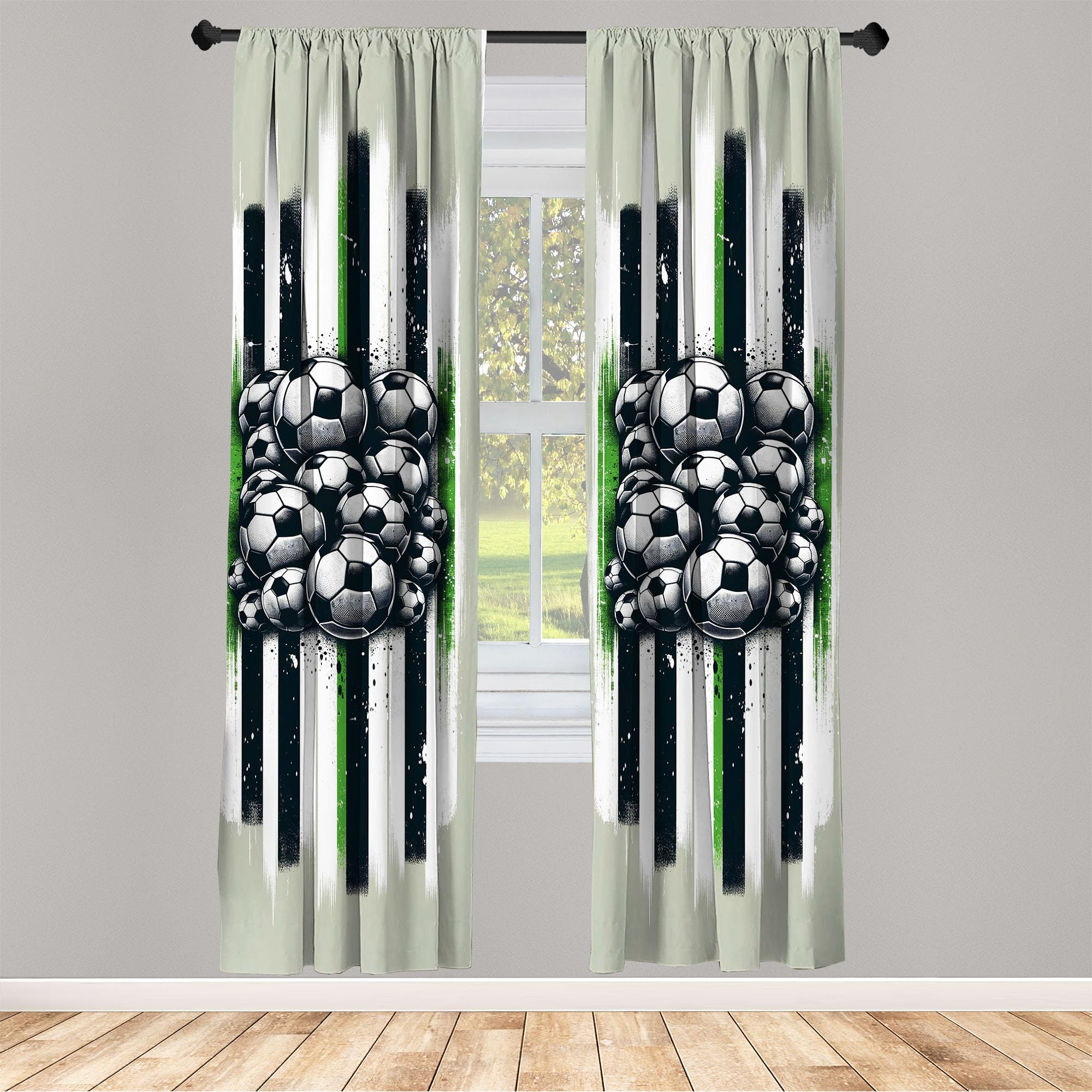 Ambesonne Soccer Window Curtains, Contemporary Design Of Sports Ball Huddle With Grungy Stripes Print, Lightweight Decor 2-Panel