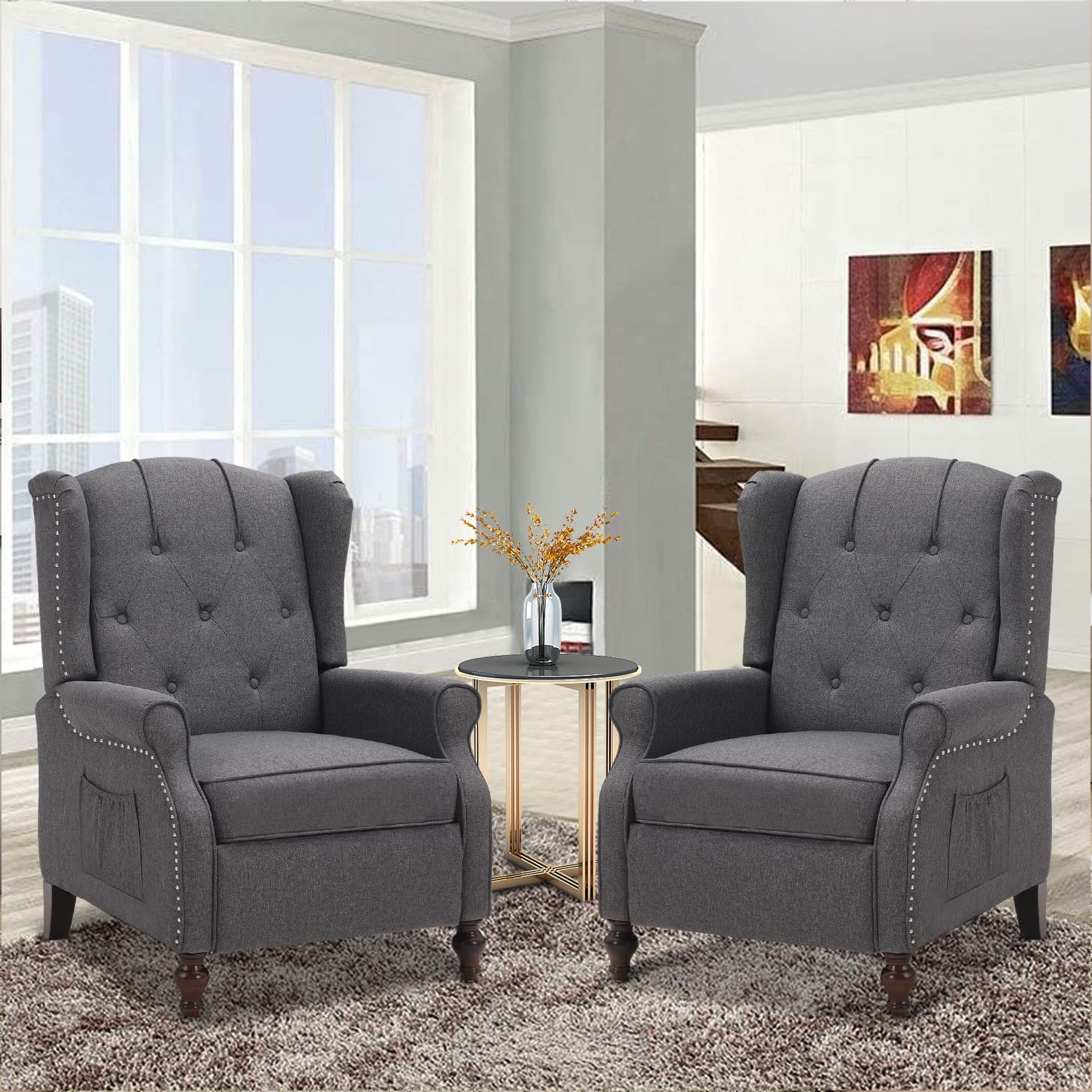 Consofa Wingback Recliner Chair With Massage And Heat, Tufted Fabric Push Back Recliner Chair For Living Room, Vintage Wingback