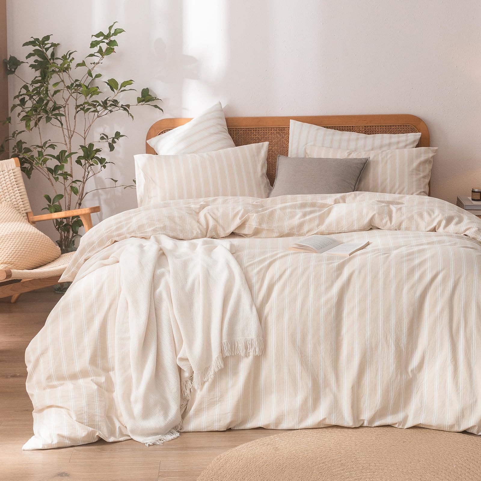 BESTOUCH Duvet Cover Set 100% Washed Cotton Linen Feel Super Soft Comfortable Chic Lightweight 3 PCs Home Bedding Set Almond Gre