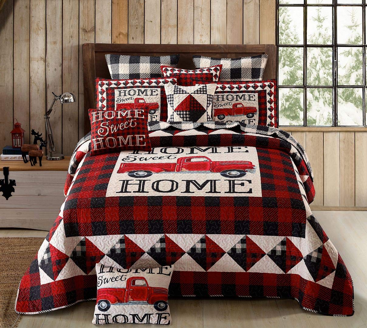 Virah Bella 3 Piece Queen Cabin Quilt Bedding Set - Strain Red Truck Home Sweet Home - Rustic Wildlife Country Reversible Campin