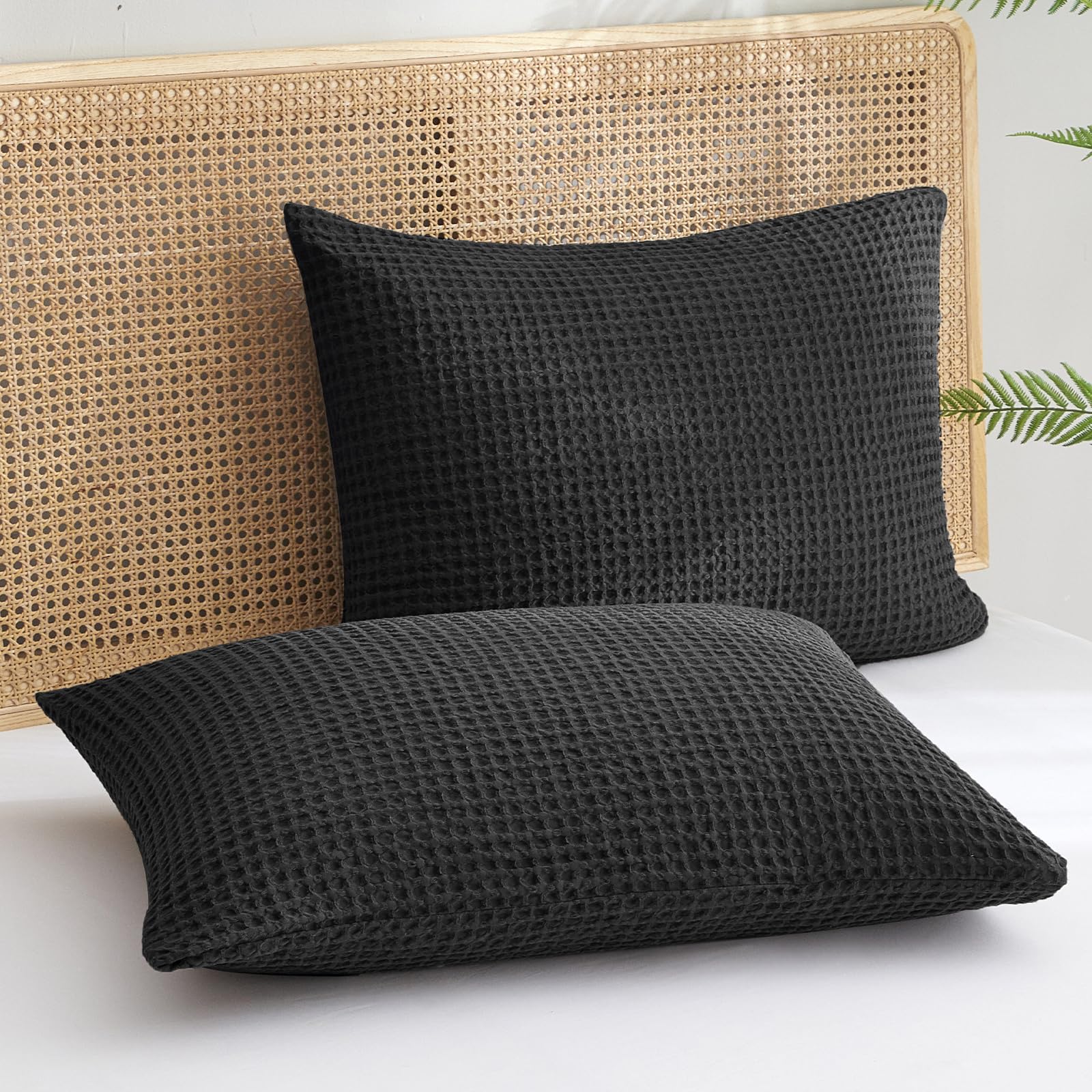Phf Ultra Soft Waffle Weave Pillowcases King Size 20' X 36' 2 Pack, No Insert, Breathable Skin-Friendly Pillow Shams, Decorative Waffle Weave Pillow Case Covers, Black