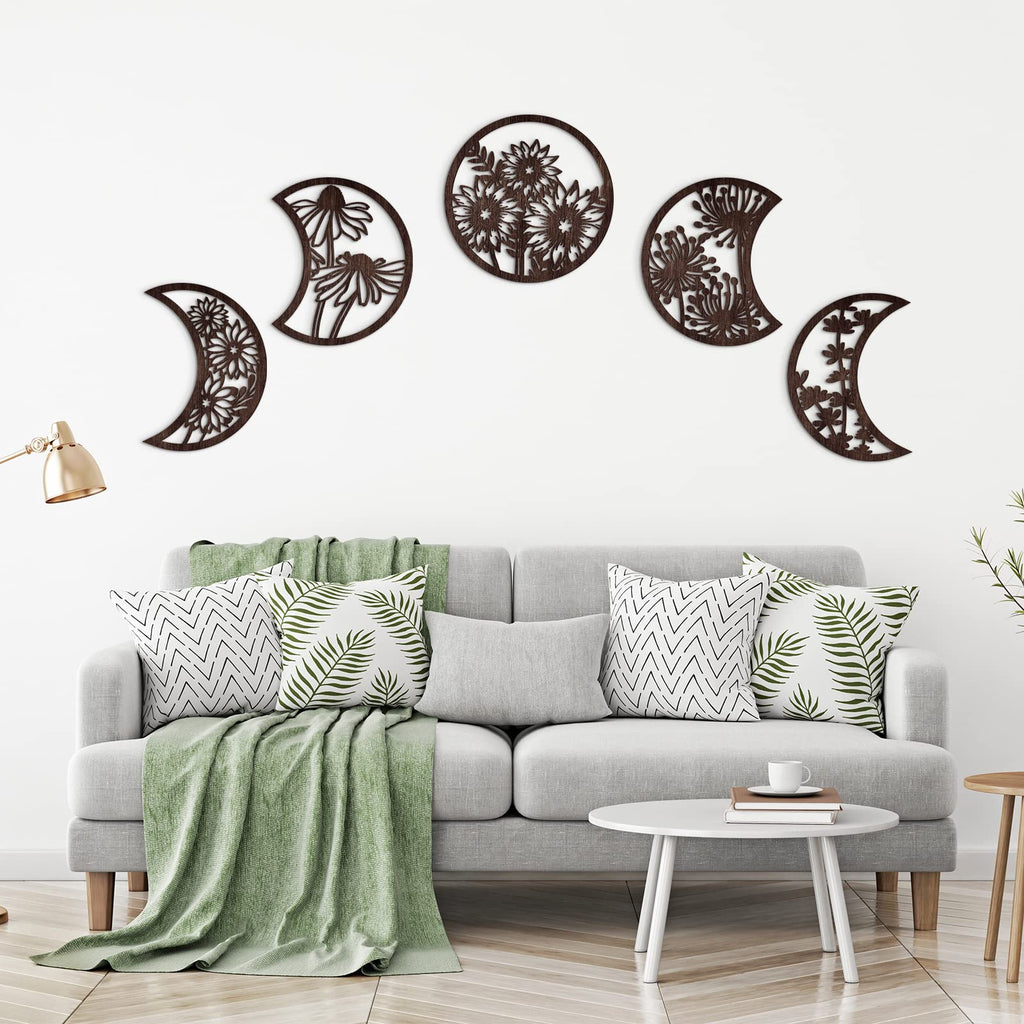 Jetec 5 Pieces Moon Phase Wall Decor Boho Hanging Moon Phase Nordic Wood Wall Art For Living Room Bedroom Home Wall Decoration R