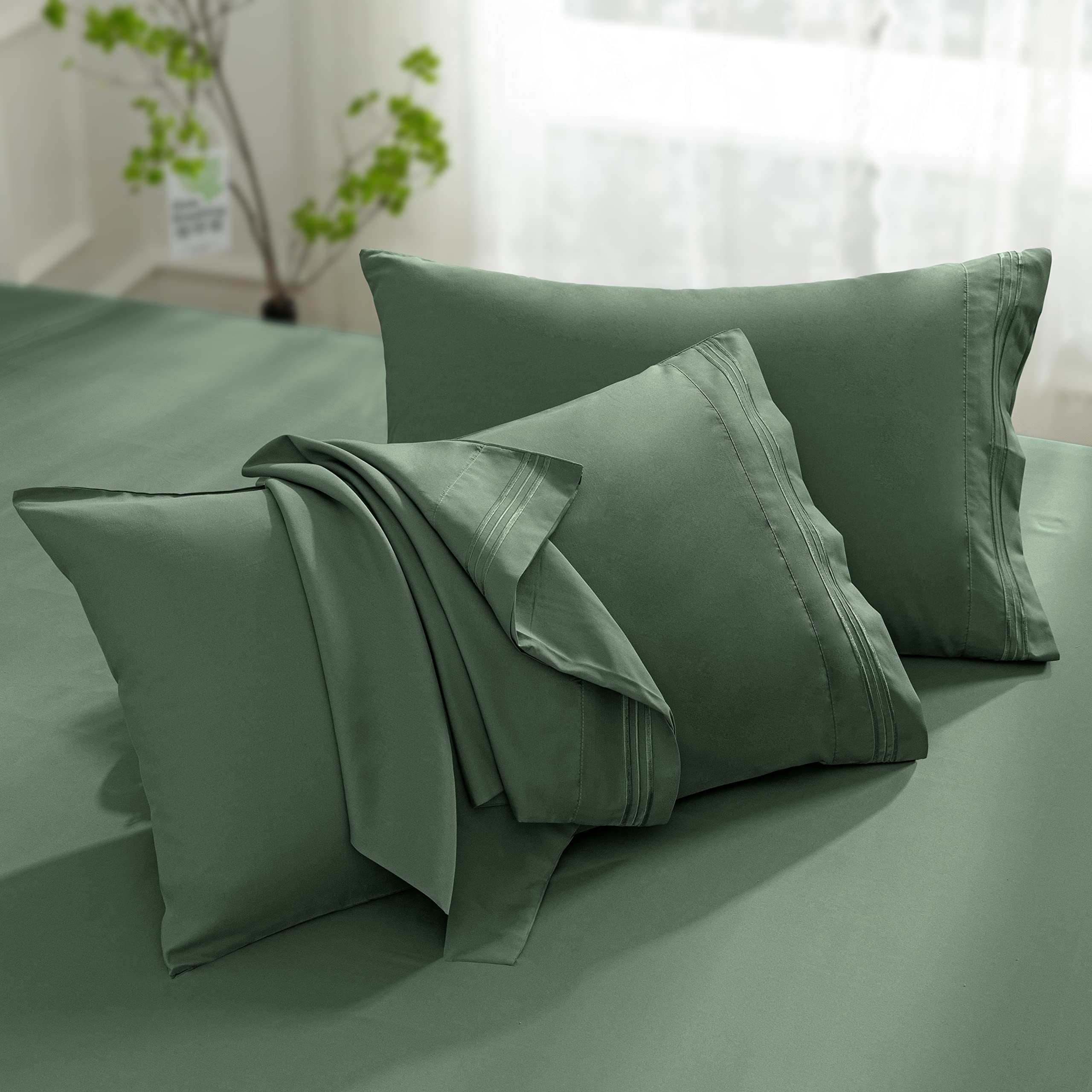 Aormenzy Microfiber Pillow Cases - Standard Size Set Of 2-1800 Thread Count Ultra Soft Green Pillowcases - Wrinkle Resistant Pil