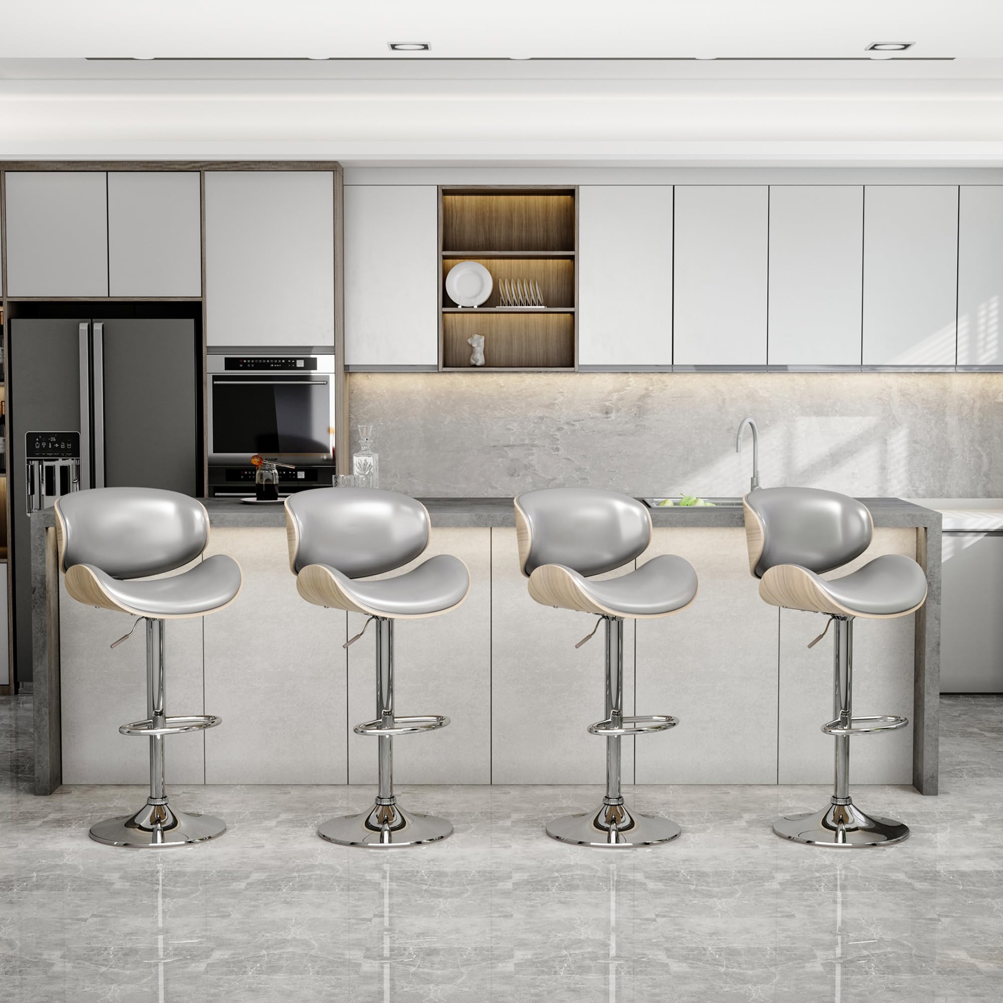 Yafiti Bar Stools Set Of 4, Bentwood Adjustable Height Swivel Bar Stools, Pu Leather Upholstered Bar Chair With Back And Footres