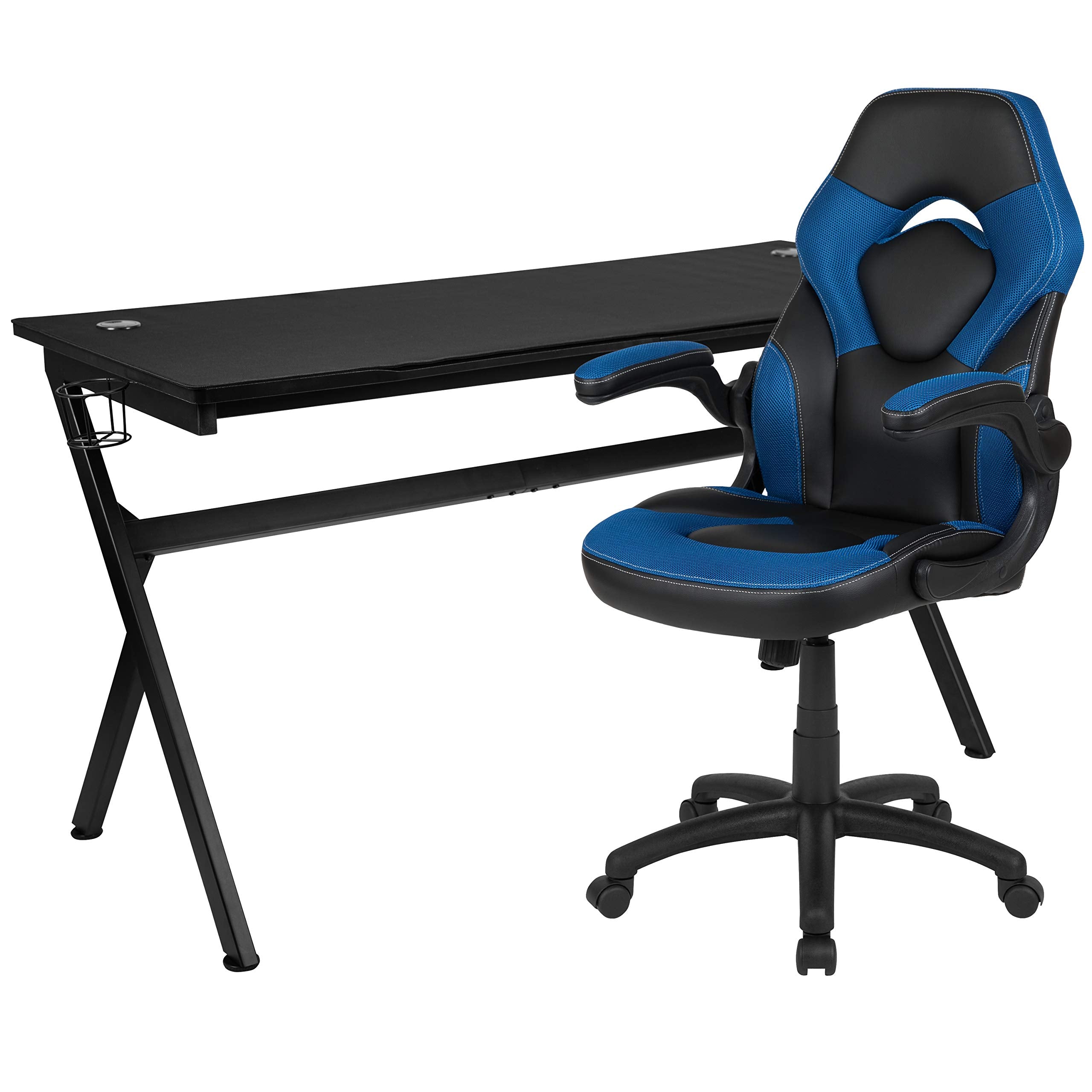 Flash Furniture Gaming Desk And Blue/Black Racing Chair Set/Cup Holder/Headphone Hook/Removable Mouse Pad Top - 2 Wire Management Holes