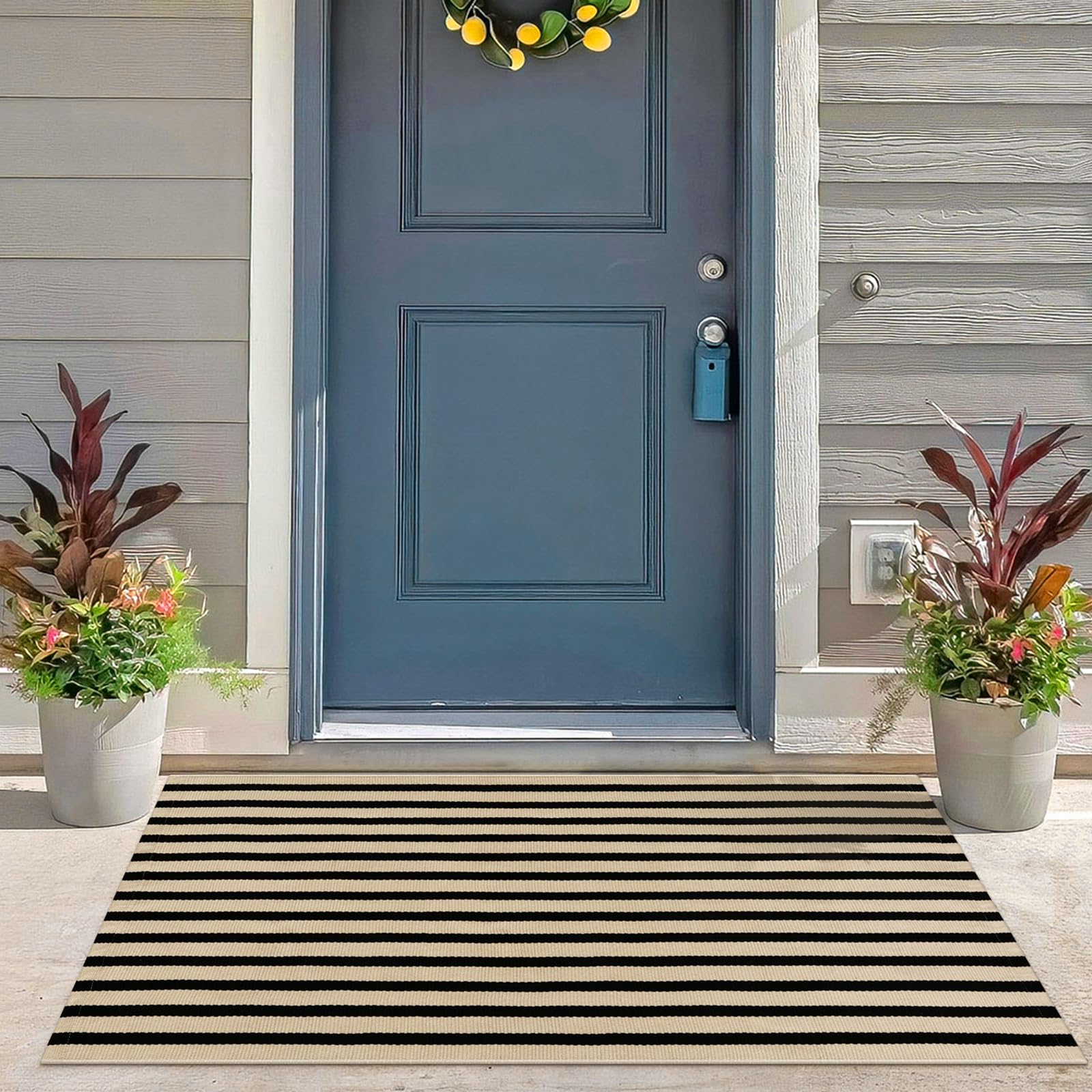 Kimode Front Door Mats 24'X51', Machine Washable Farmhouse Front Porch Rug Decor, Striped Layered Door Mats Outdoor, Cotton Ha