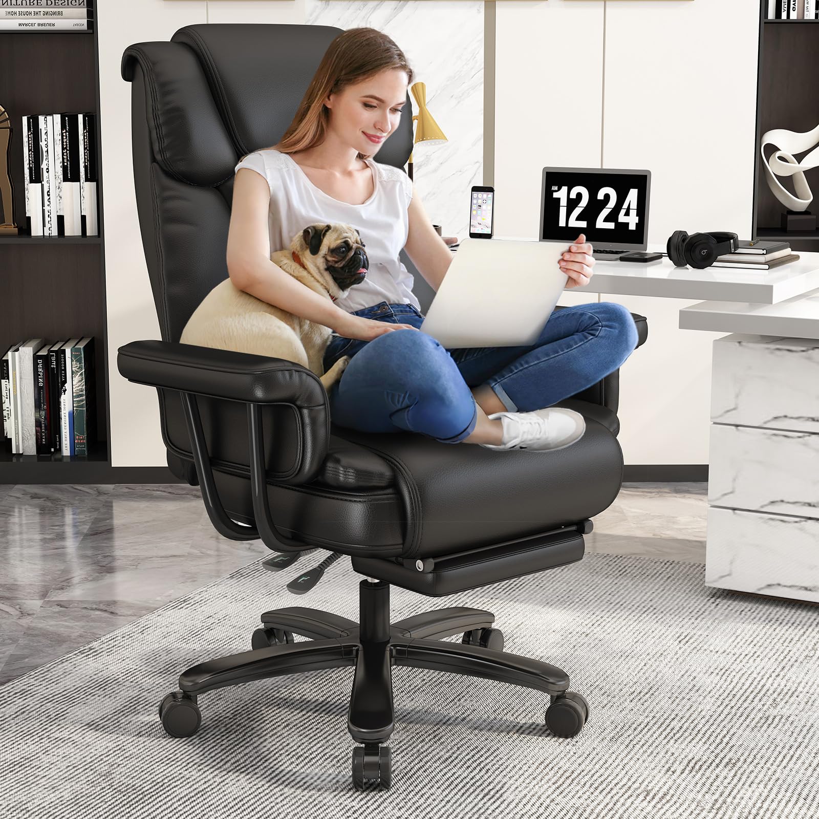 GYI Big and Tall Office Chair 400LBS, 160 High Back Reclining Office Desk Chair with Wide Seat, Arms, Footrest, Black