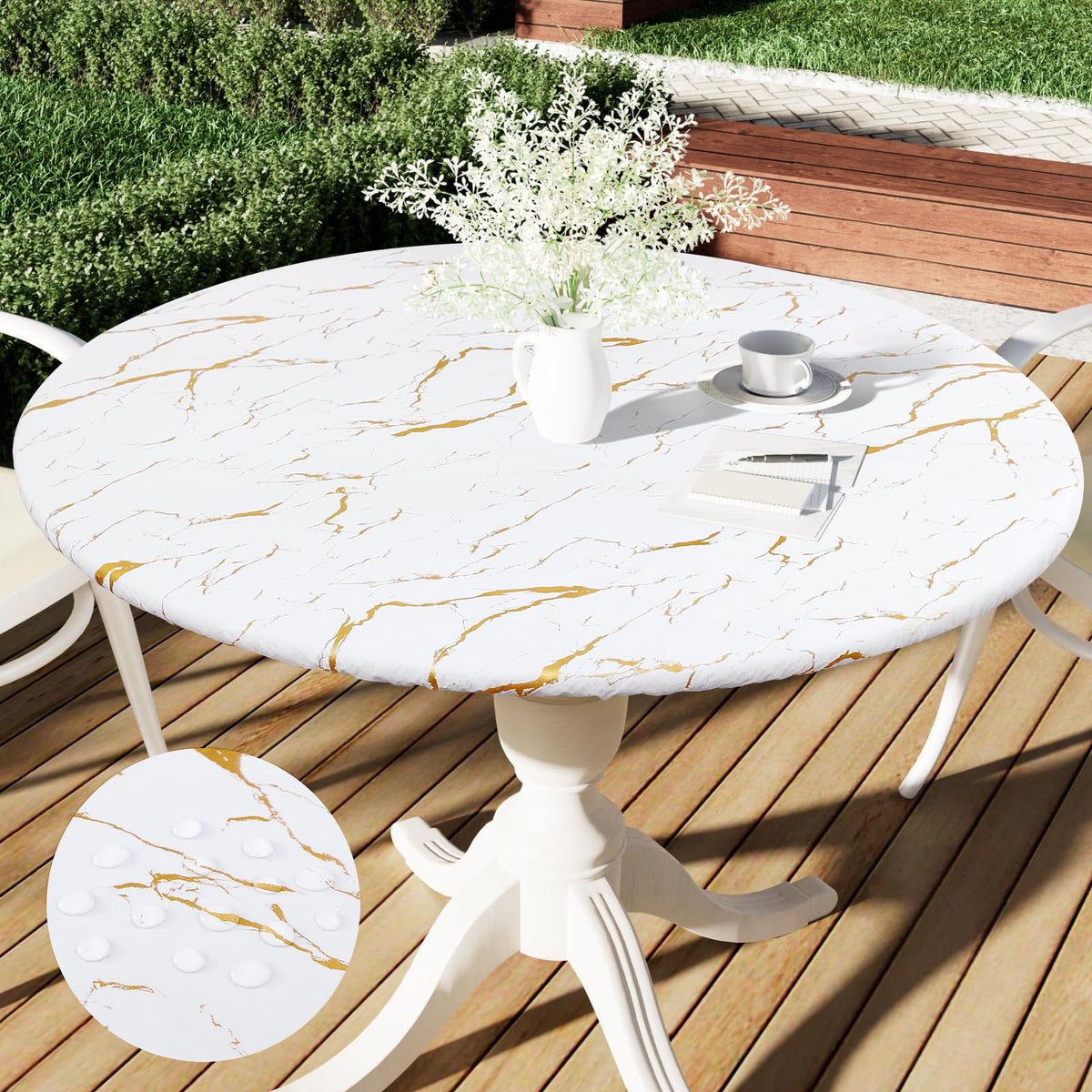Smiry Round Picnic Tablecloth, Waterproof Elastic Fitted Table Covers For 36' - 44' Tables, Wipeable Flannel Backed Vinyl Tabl