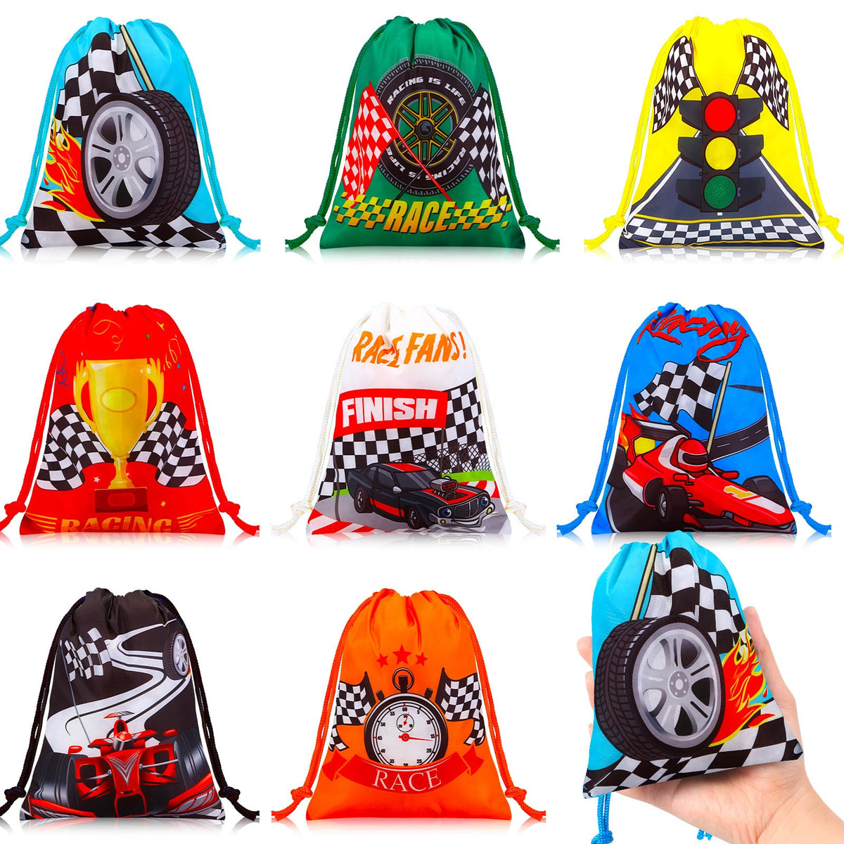 Paterr 24 Pcs Rainbow Party Favor Goodie Bags Blue Sky White Clouds Drawstring Bags Floral Race Car Gift Bags Candy Treat Bags f