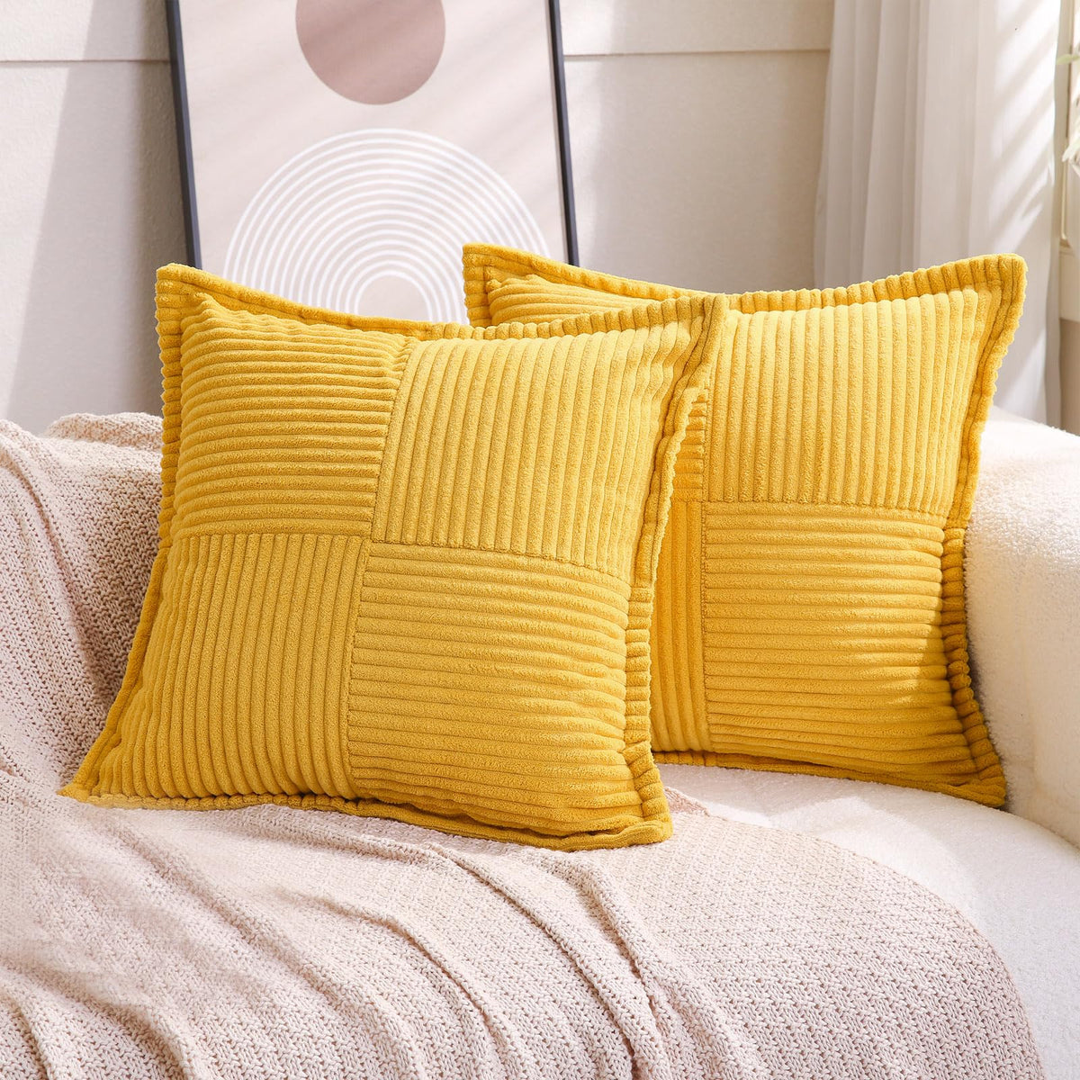 Puncuntex Corduroy Throw Pillow Covers Set Of 2 Boho Decorative Yellow 18  18 Inch,Super Soft Pillowcase Cozy Striped Texture Cu