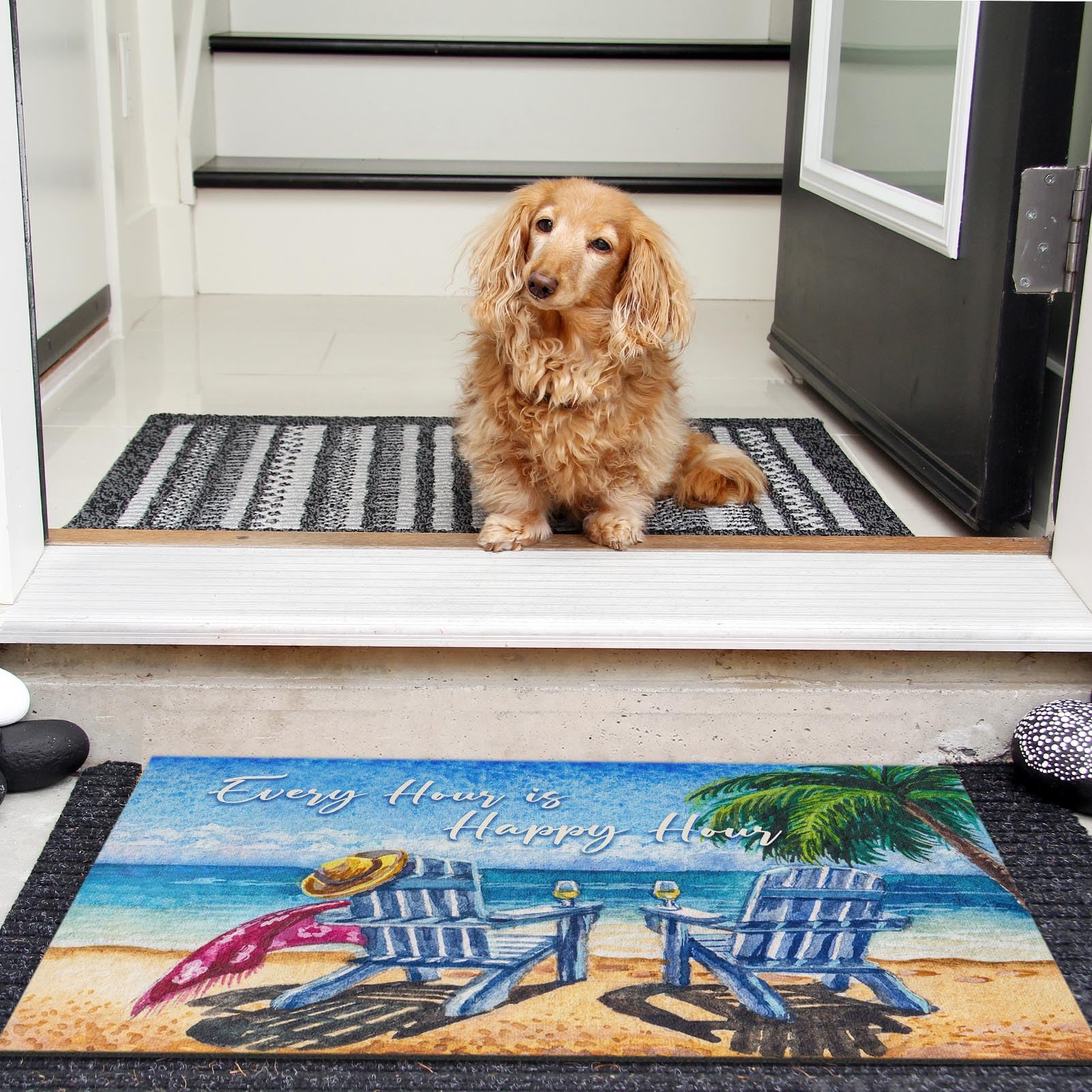Arttown Beach Shore Tropical Door Mat, 17 X 30 Palm Tree Summer Painting Welcome Doormat Decorative Home Floor Mat, Non Slip Rub
