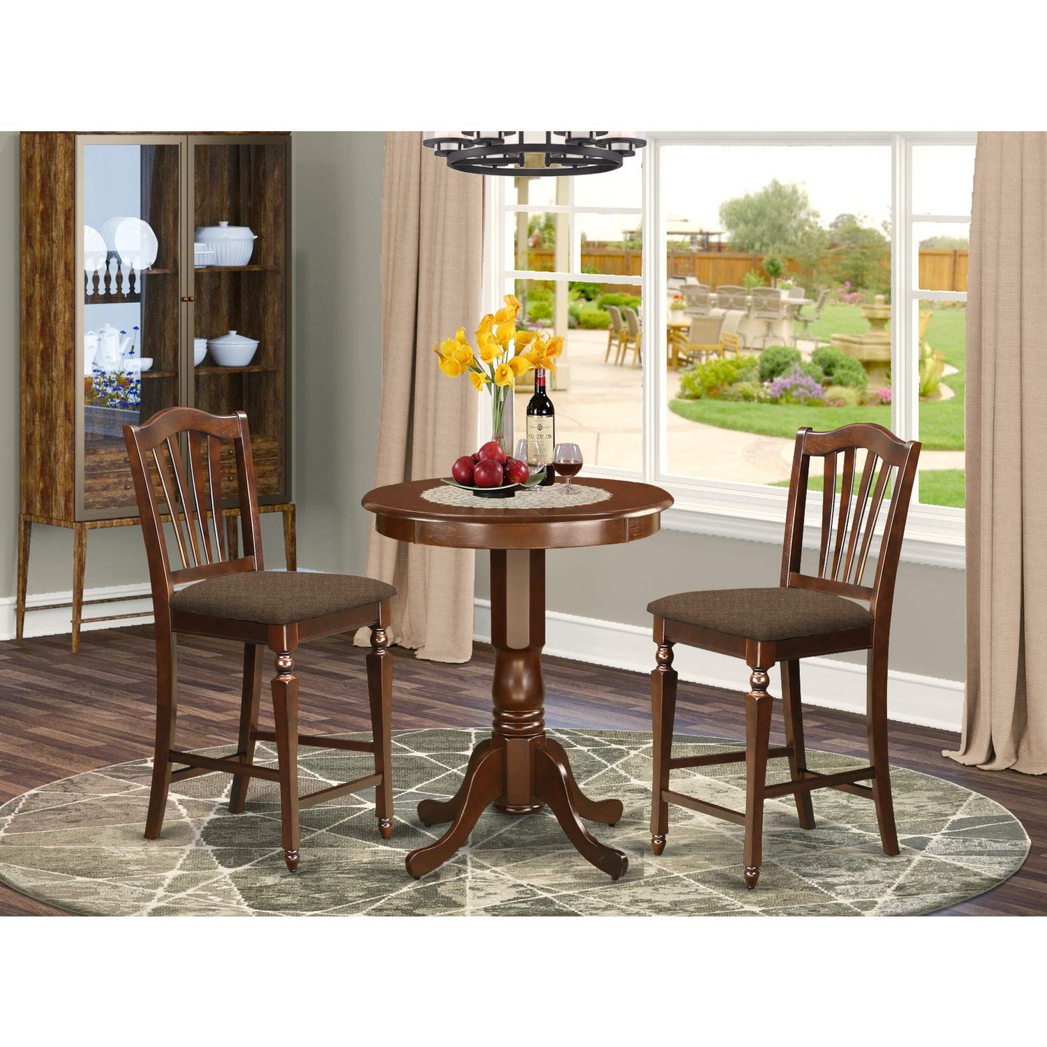 East West Furniture Edch3-Mah-C 3 Pc Pub Table Set-Pub Table And 2 Kitchen Dining Chairs.
