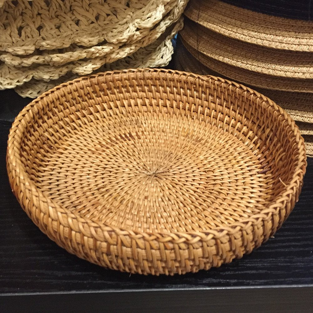 Amololo Hadewoven Round Rattan Fruit Basket Wicker Food Tray Weaving Storage Holder Dinning Room Bowl, 7   Decorative Natural Ba