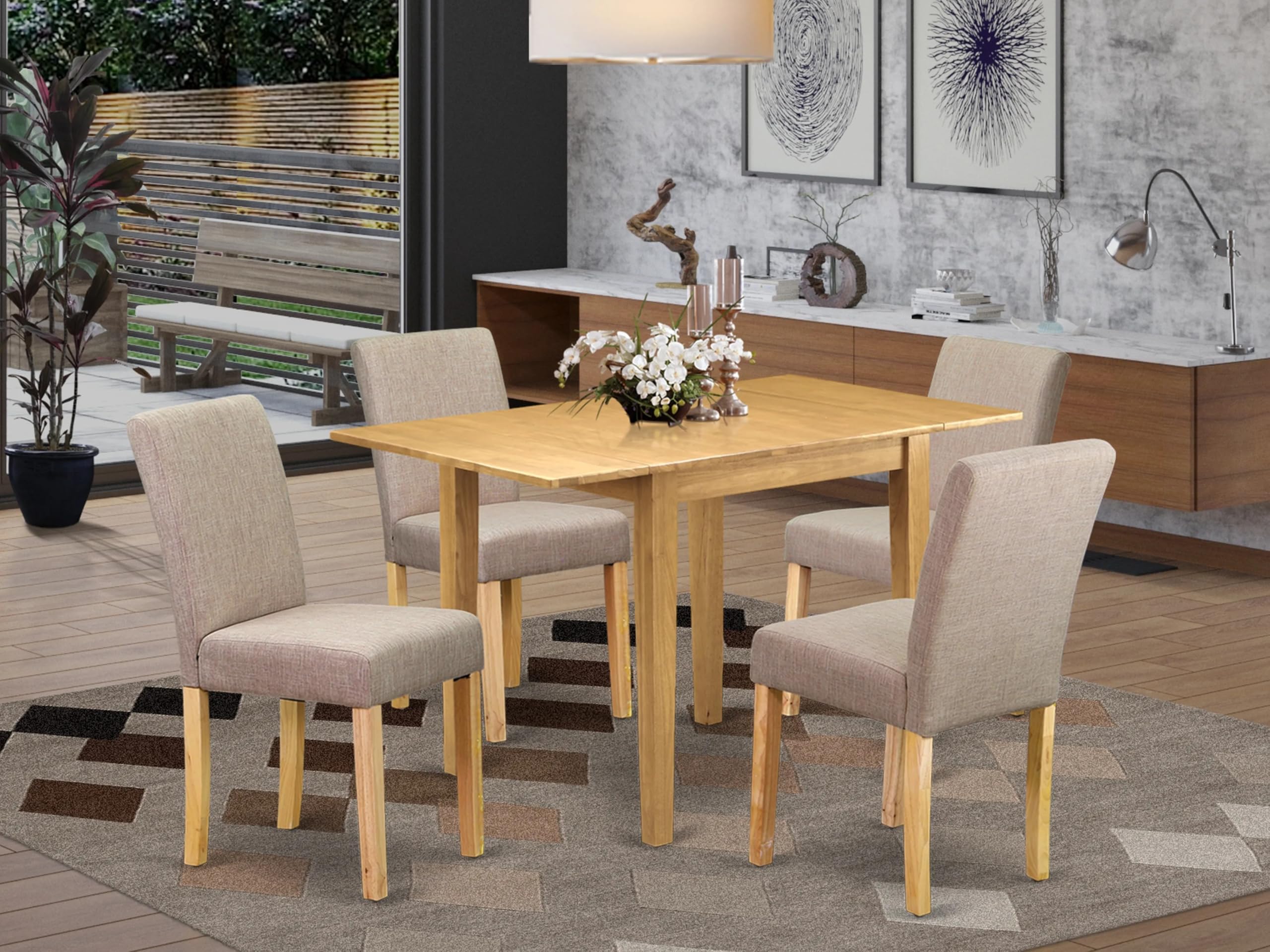 East West Furniture 1NDAB5-OAK-04 5 Piece Set Includes a Rectangle Dining Room Table with Dropleaf and 4 Light Tan Linen Fabric Upholstered Parson Chairs, 30x48 Inch