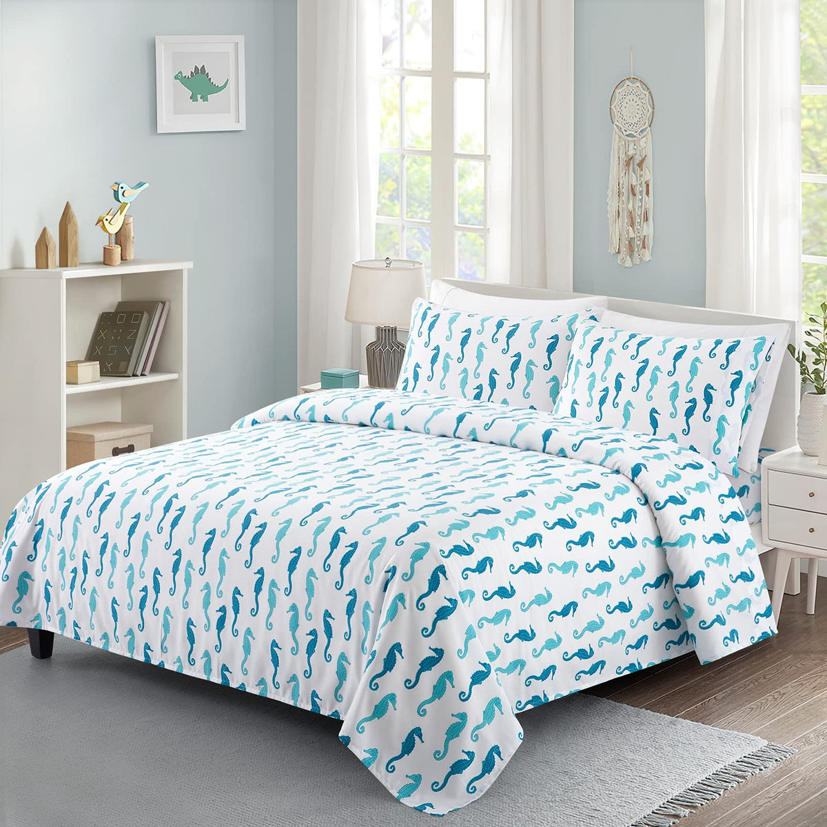 Vonty Kids Twin Sheet Set Seahorses Brushed Microfiber Bed Sheet For Boys & Girls, Ultra Soft & Easy To Wash (1 Fitted Sheet + 1