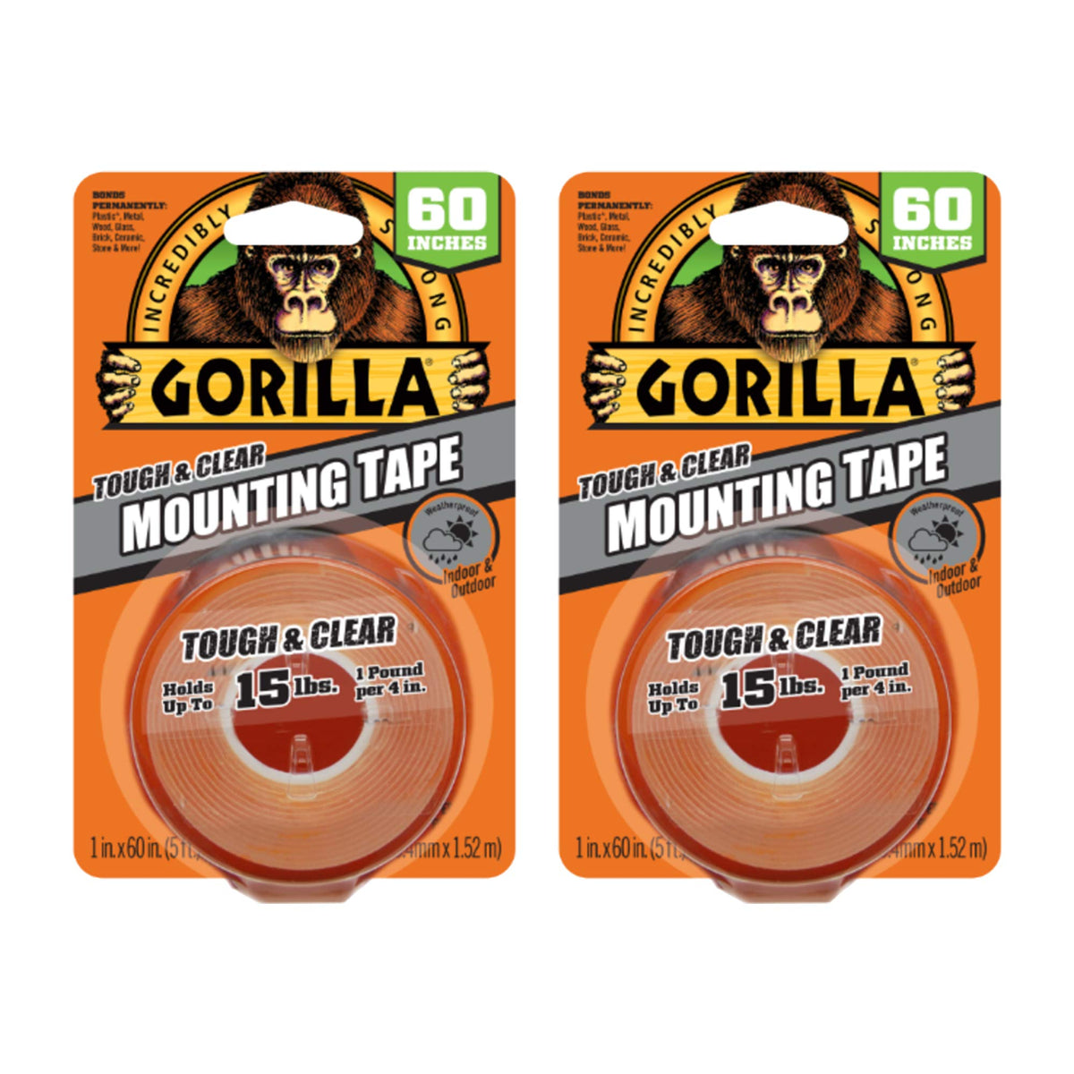 Gorilla Tough & Clear, Double Sided Mounting Tape, Weatherproof, 1' X 60', Clear, (Pack Of 2)