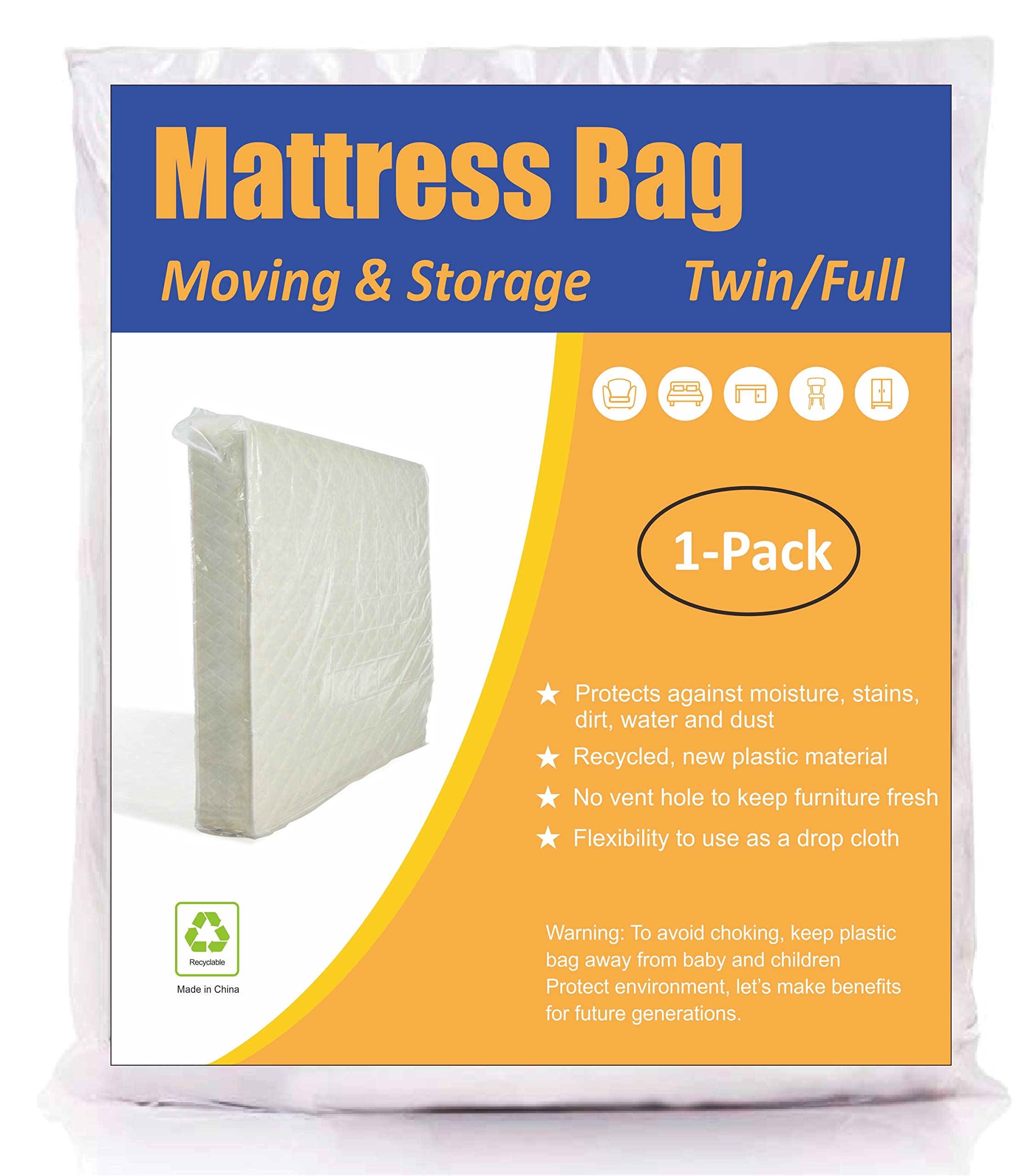 Comforthome Mattress Bag For Moving And Storage, Twin And Full Size, 1 Pack