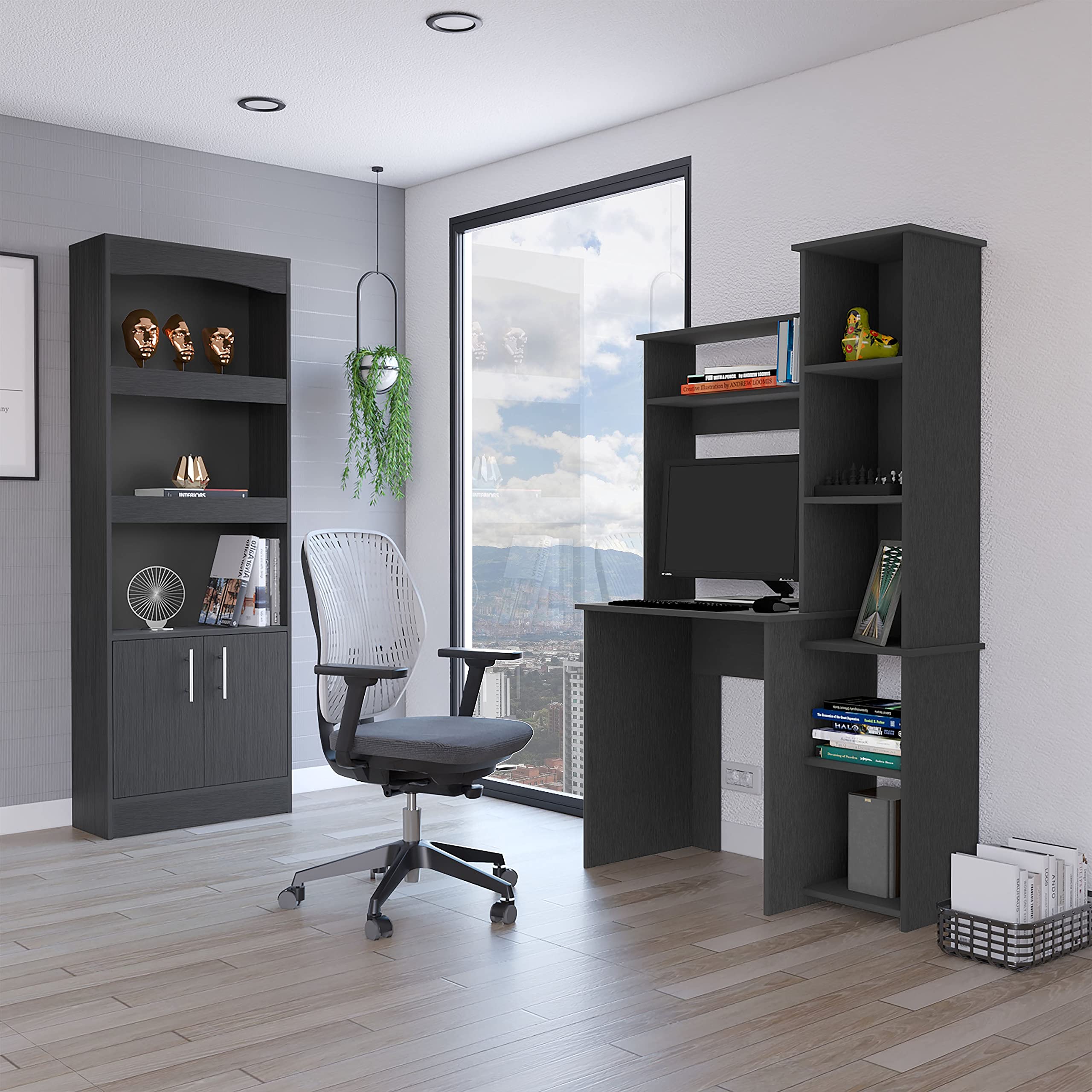 Detroit 2-Piece Office Set with Bookcase and Desk, Black