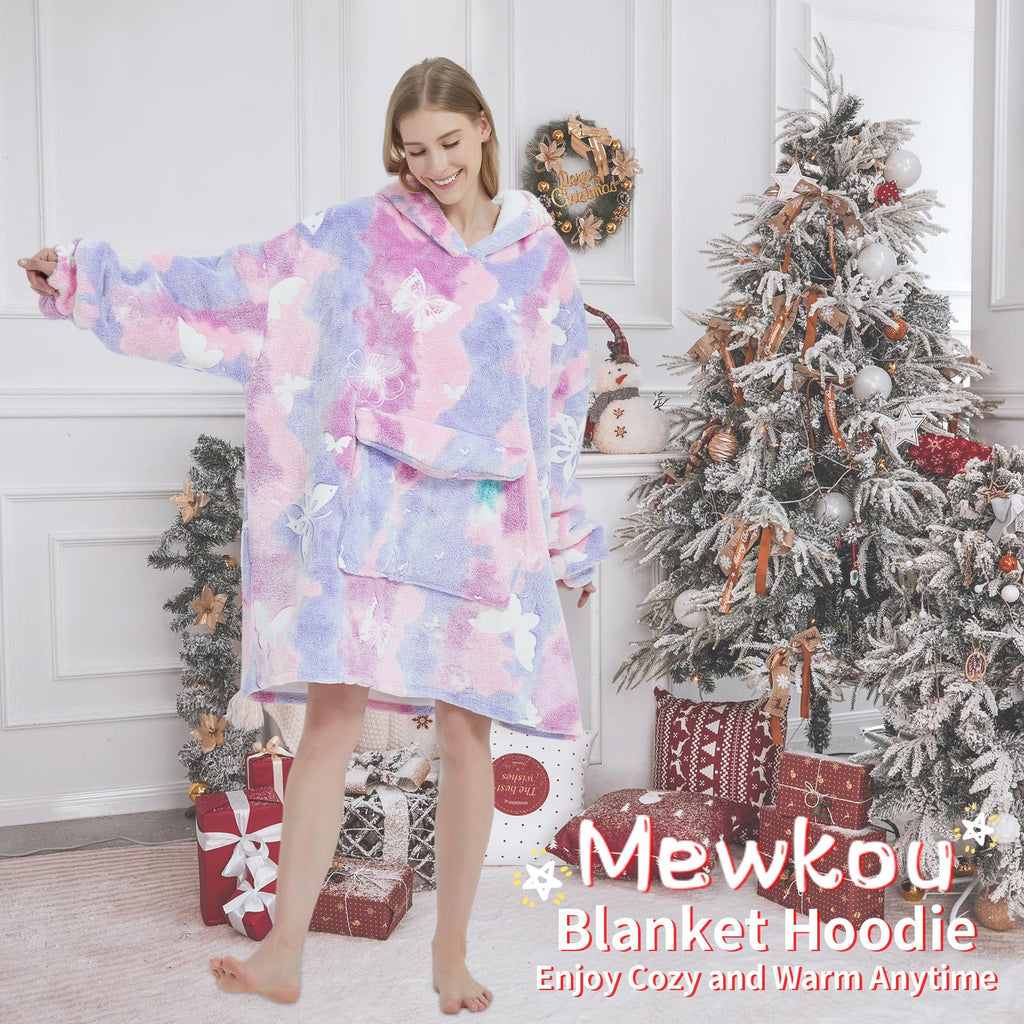 Glow In The Dark Butterfly Wearable Blanket Hoodie For Adult,Oversized Sherpa Fleece Blanket Hoodie For Women,Wearable Blanket H