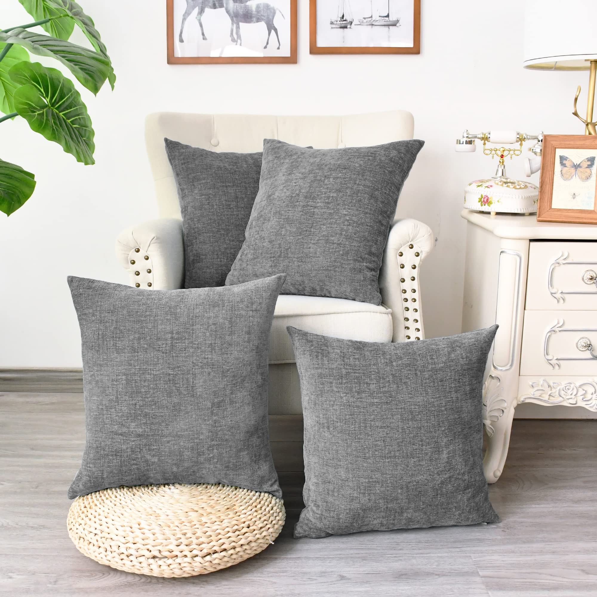 Calitime Pack Of 4 Cozy Throw Pillow Covers Cases For Couch Sofa Home Decoration Solid Dyed Soft Chenille 18 X 18 Inches Medium