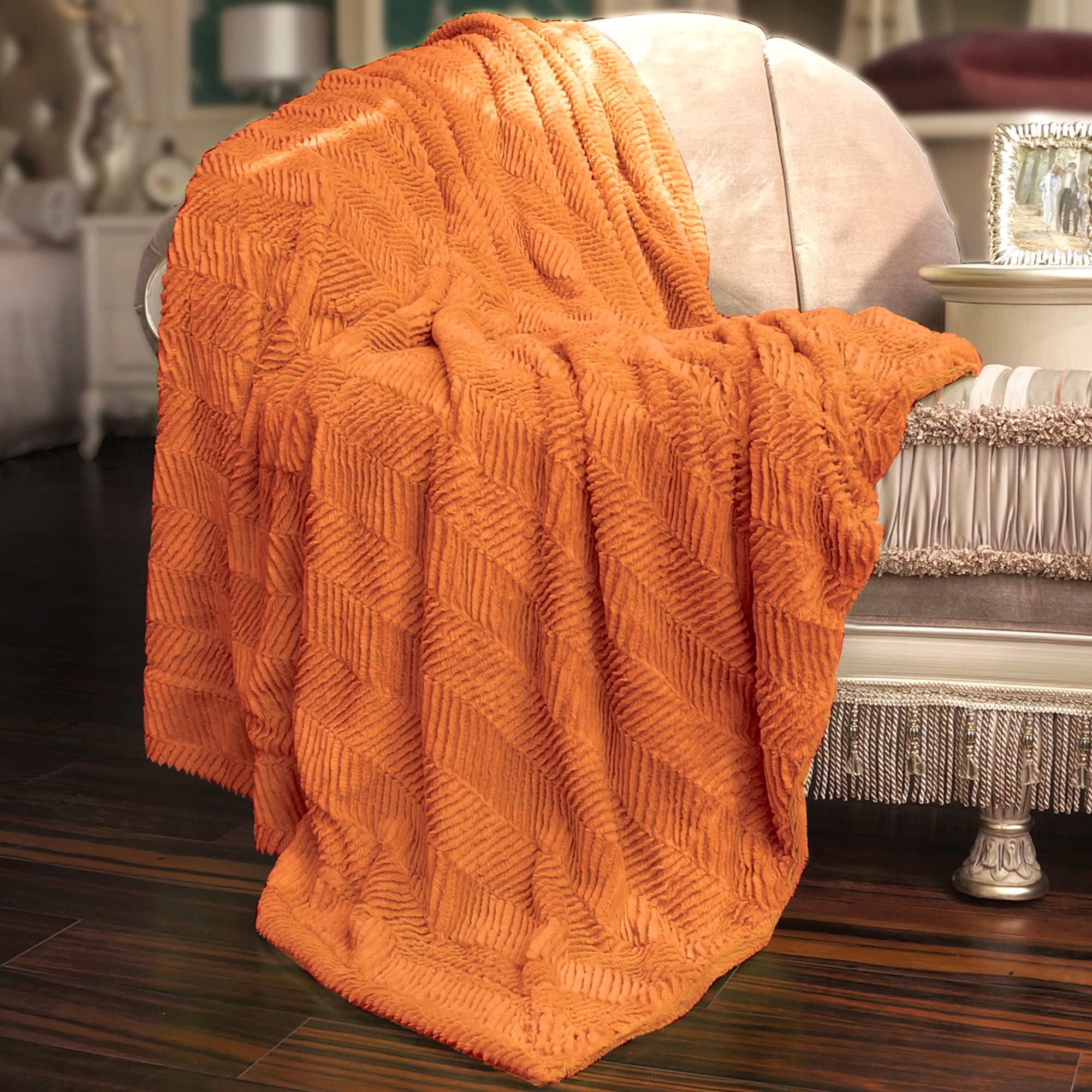 Home Soft Things Orange Herringbone Brushed Throw Blanket, 50' X 60', Burnt Orange, Lightweight Fluffy Plush Comfy Cozy Couch