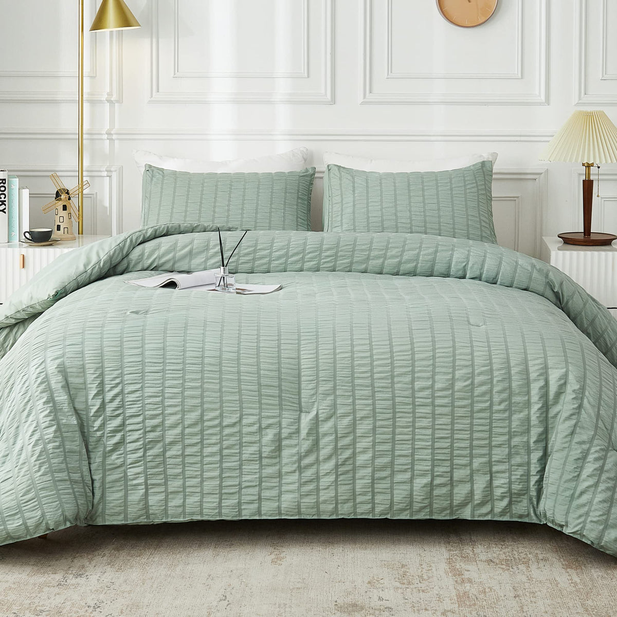 Avelom Sage Green Seersucker Twin/Twin Xl Comforter Set (68X90 Inches), 2 Pieces-100% Soft Microfiber Lightweight Comforter With 1 Pillowcase, All Season Down Alternative Comforter Set For Bedding