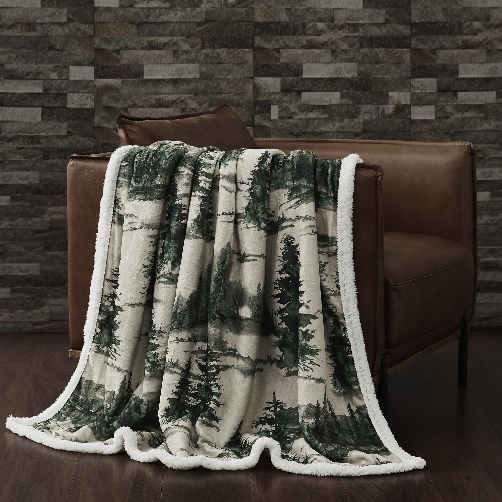 Indigo Hill By Hiend Accents Joshua Sherpa Throw Blankets, Forest Pine Trees Nature Woodland Mountain Print Western Blanket For